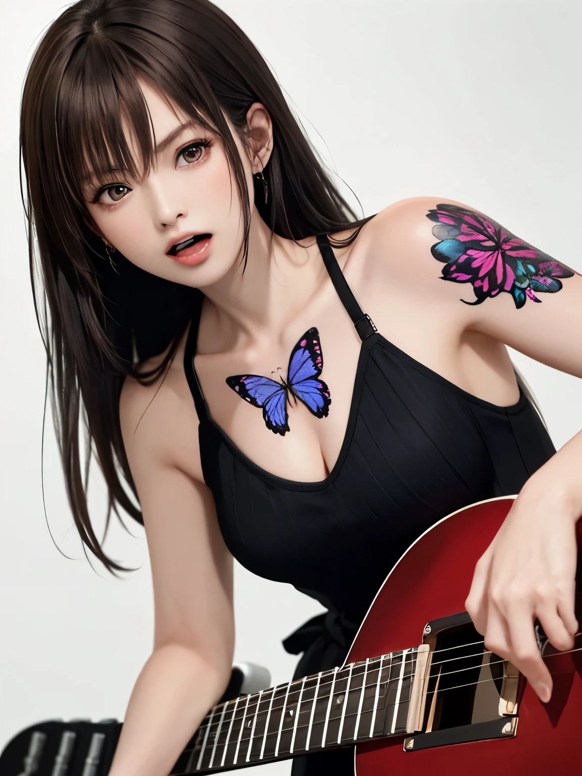 (((best image quality、8k、Beautiful woman、pure white wall background)))、guitarist、play the guitar、long hair woman、black hair、fierce expression、tongue out、frown、angry、wearing a black dress、I have a tattoo on my arm、butterfly tattoo on chest