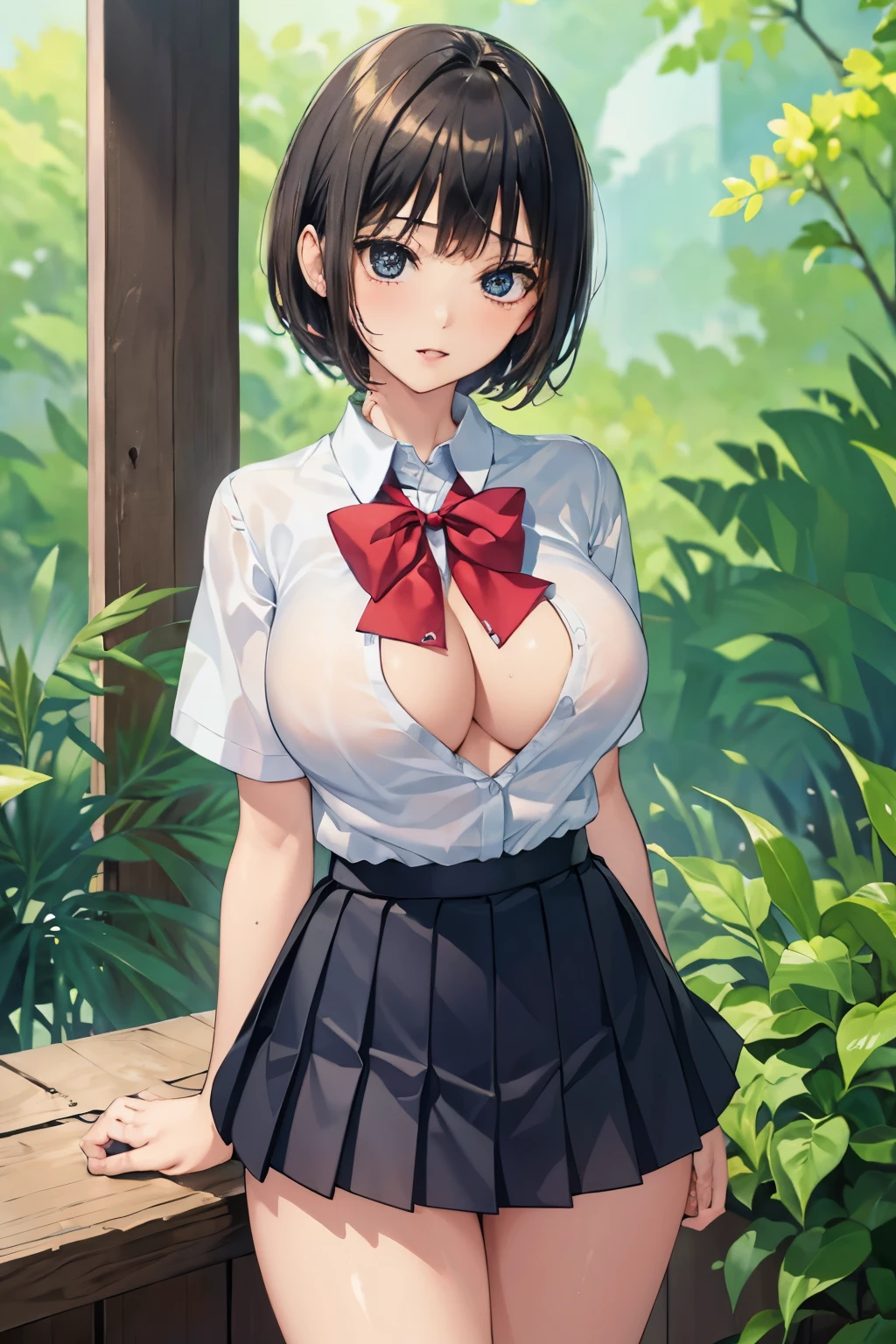 (masterpiece, highest quality, super detailed) (1boy and 1girl:1.5), (sumika), shota, 1boy, 1girl, breasts, hetero, solo focus,, pov (slim:1.7), short hair, black hair, (big breasts:1.6), raised, Wet , Sweat,  beautiful face,  (Big eyes:1.5), cute,  fog,   (school uniform:0.6), (white shits:1.4), (Pleated skirt:1.4)  (from side:1.5),  JP SCHOOL UNIFORM, bra showing through clothes, pink bra, JS_ShortSkirt, (micro mini skirt)