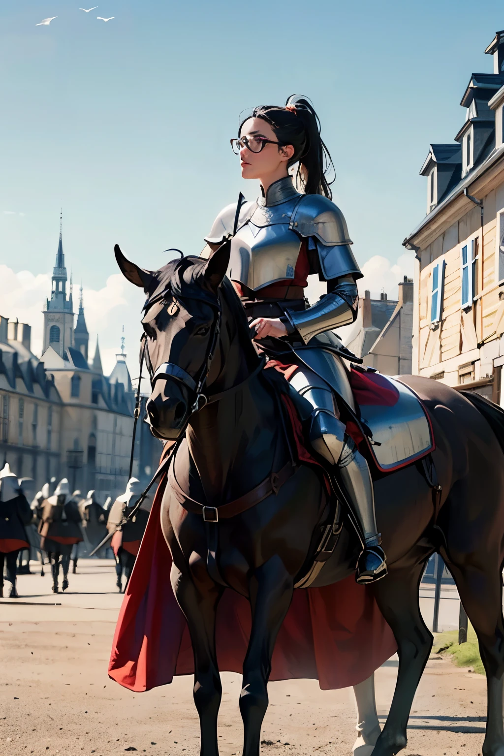 ((wide angle shot of the Hundred Years' War in France)), a beautiful woman, black hair in a ponytail, bangs, wearing glasses, wearing Jeanne d'Arc armor