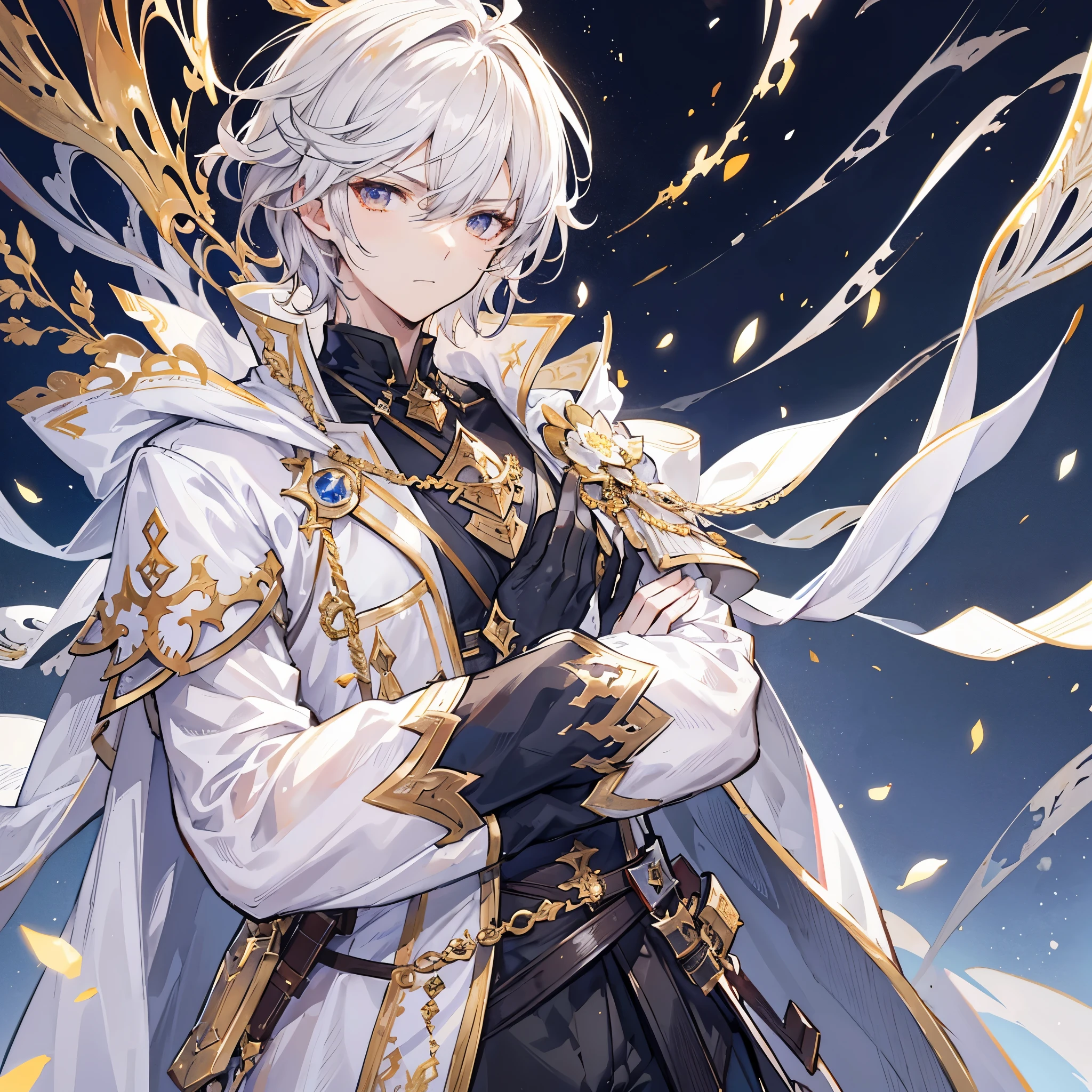 a dark skinned man, White hair, and dressed as king&#39;cloaks，eBlue eyes.