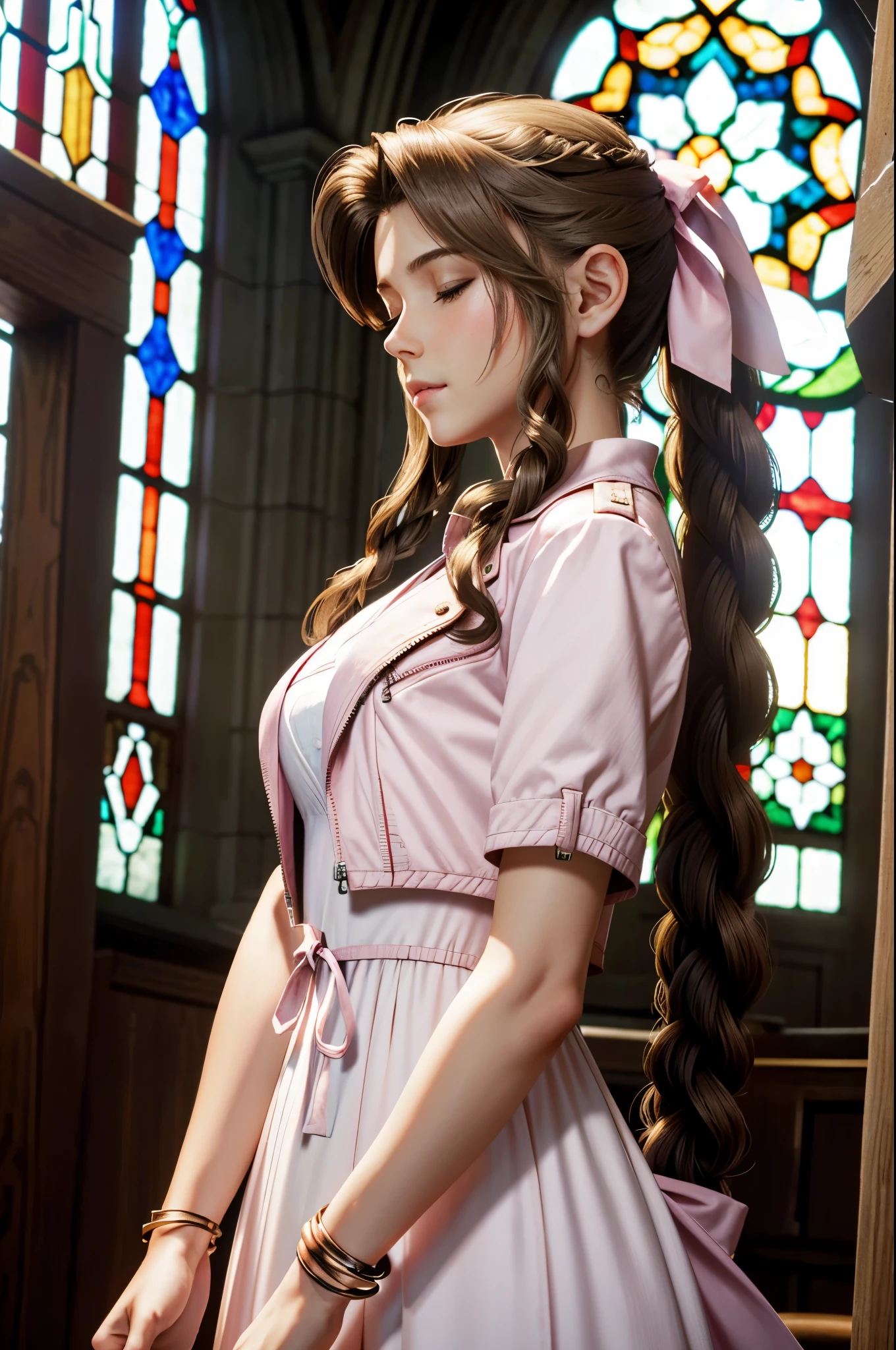 (highest quality,4k,8k,High resolution,masterpiece:1.2),super detailed,(realistic,photorealistic,photo-realistic:1.37),Aeris FF7, 1 girl, alone, long hair, chest, looking at the viewer, large chest, brown hair, dress, bow, ribbon, jewelry, medium chest, green eyes, Jacket, hair ribbon, Braid, flower, short sleeve, hair bow, side lock, parted lips, open clothes, bracelet, From the side, open Jacket, lips, Depth of the bounds written, white flower, pink dress, red Jacket, cropped Jacket, Braided ponytail, realistic, nose, dappled sunlight, leaning forward, with closed eyes, closed mouth, With hands folded in a prayer pose、Inside the church, Inside the chapel, stained glass window, The composition is bathed in light from the ceiling.