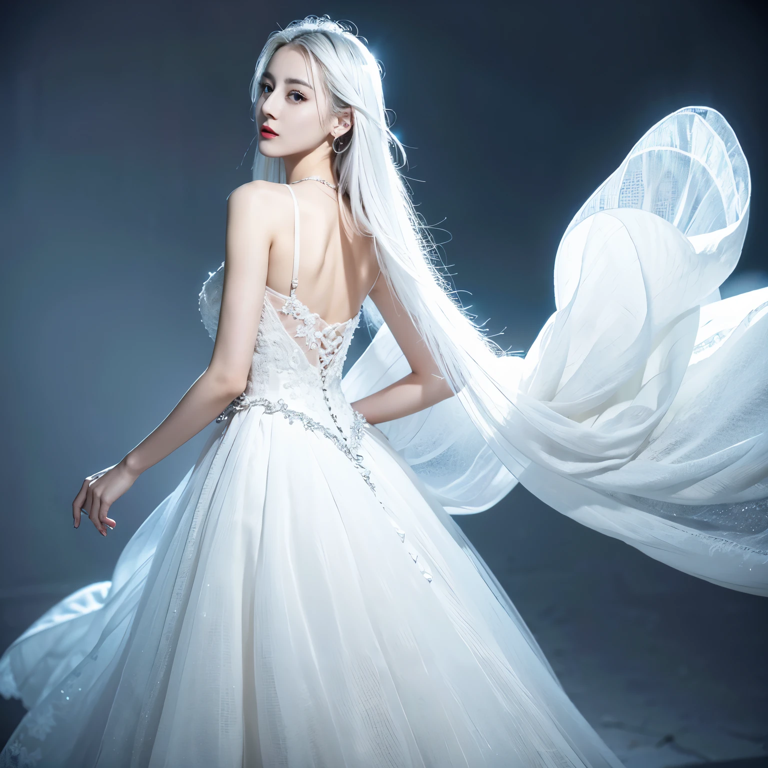 ((top quality、8k、Masterpiece:1.3))、Extremely delicate and beautiful girl,Very white skin,fiery red lips,Waist is very thin,Thighs are very thin,,White and smooth skin,Smooth and fair skin,flawless skin,Fair and shiny skin,cold white skin,The camera focuses on the chest,bright light,hair is white,A pair of huge white wings on the back,hazy light rays,white background,Long white dress,White hair,white hair,sad,Almost crying