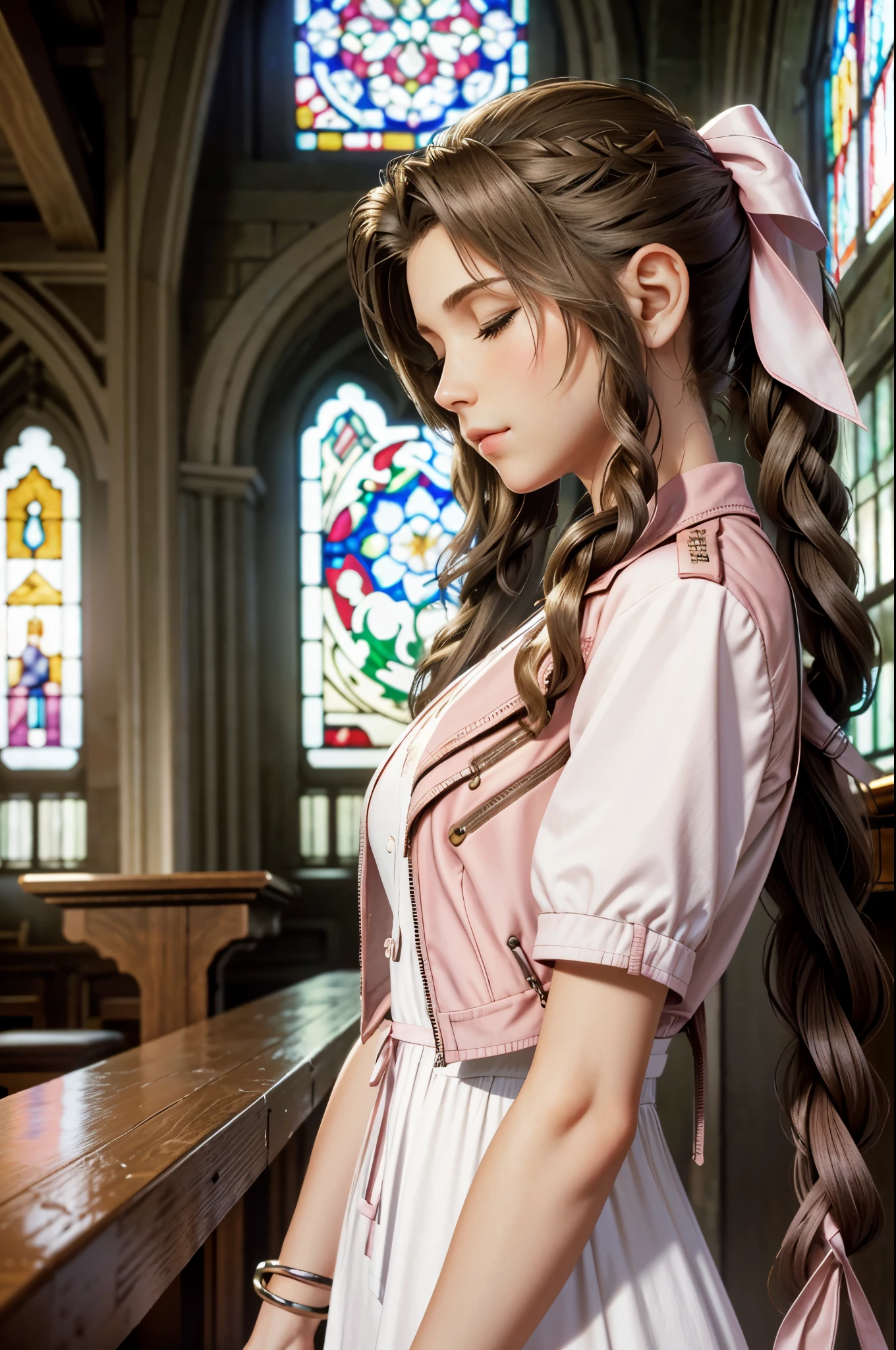 (highest quality,4k,8k,High resolution,masterpiece:1.2),super detailed,(realistic,photorealistic,photo-realistic:1.37),Aeris FF7, 1 girl, alone, long hair, chest, looking at the viewer, large chest, brown hair, dress, bow, ribbon, jewelry, medium chest, green eyes, Jacket, hair ribbon, Braid, flower, short sleeve, hair bow, side lock, parted lips, open clothes, bracelet, From the side, open Jacket, lips, Depth of the bounds written, white flower, pink dress, red Jacket, cropped Jacket, Braided ponytail, realistic, nose, dappled sunlight, leaning forward, with closed eyes, closed mouth, With hands folded in a prayer pose、Inside the church, Inside the chapel, stained glass window, The composition is bathed in light from the ceiling.