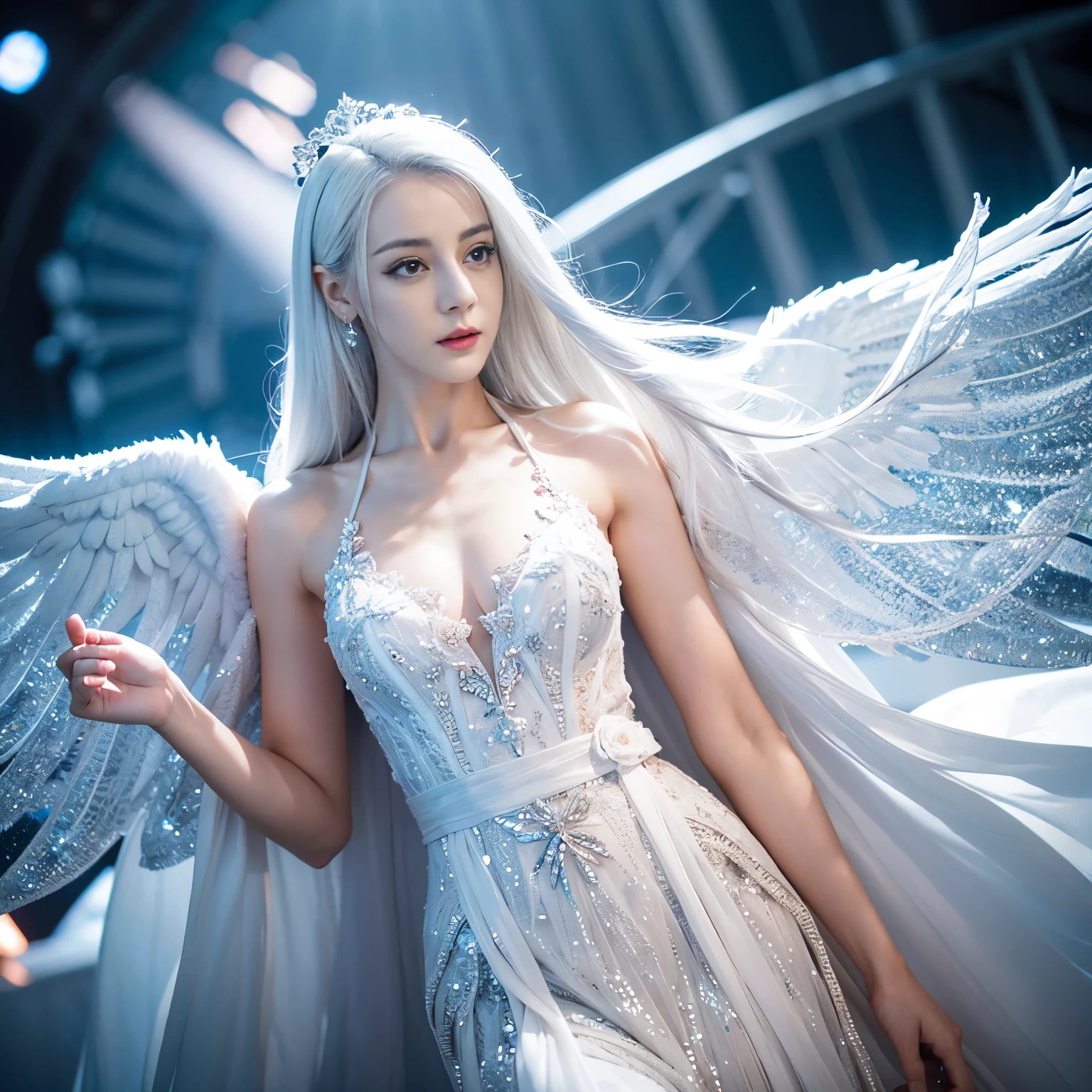 ((top quality、8k、​Masterpiece:1.3))、Extremely delicate and beautiful girl，Very white skin，fiery red lips，Waist is very thin，Thighs are very thin，，White and smooth skin，Smooth and fair skin，flawless skin，Fair and shiny skin，cold white skin，The camera focuses on the chest，bright light，hair is white，A pair of huge white wings on the back，hazy light rays，white background，Long white dress，White hair，white hair，sad，Almost crying