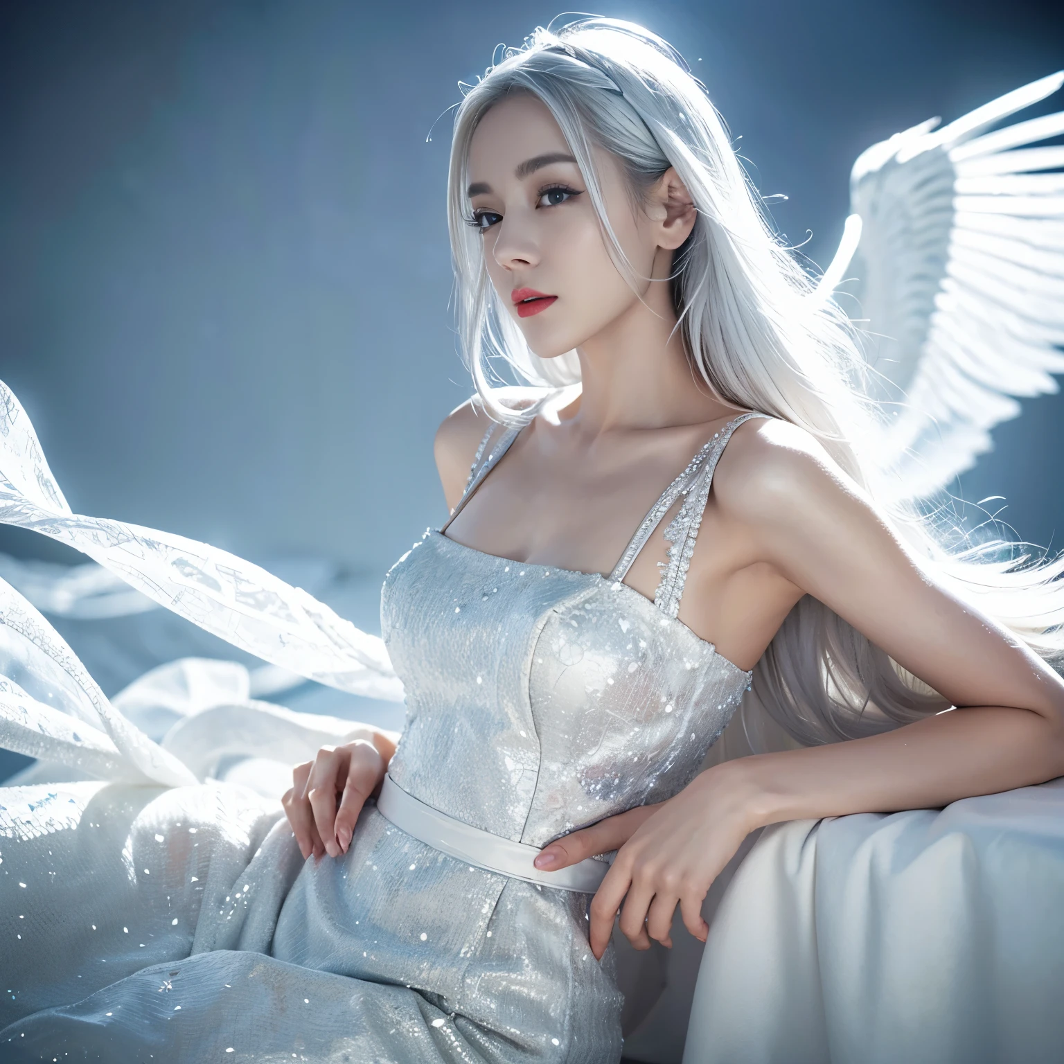 ((top quality、8k、Masterpiece:1.3))、Extremely delicate and beautiful girl,Very white skin,fiery red lips,Waist is very thin,Thighs are very thin,,White and smooth skin,Smooth and fair skin,flawless skin,Fair and shiny skin,cold white skin,The camera focuses on the chest,bright light,hair is white,A pair of huge white wings on the back,hazy light rays,white background,Long white dress,White hair,white hair,sad,Almost crying