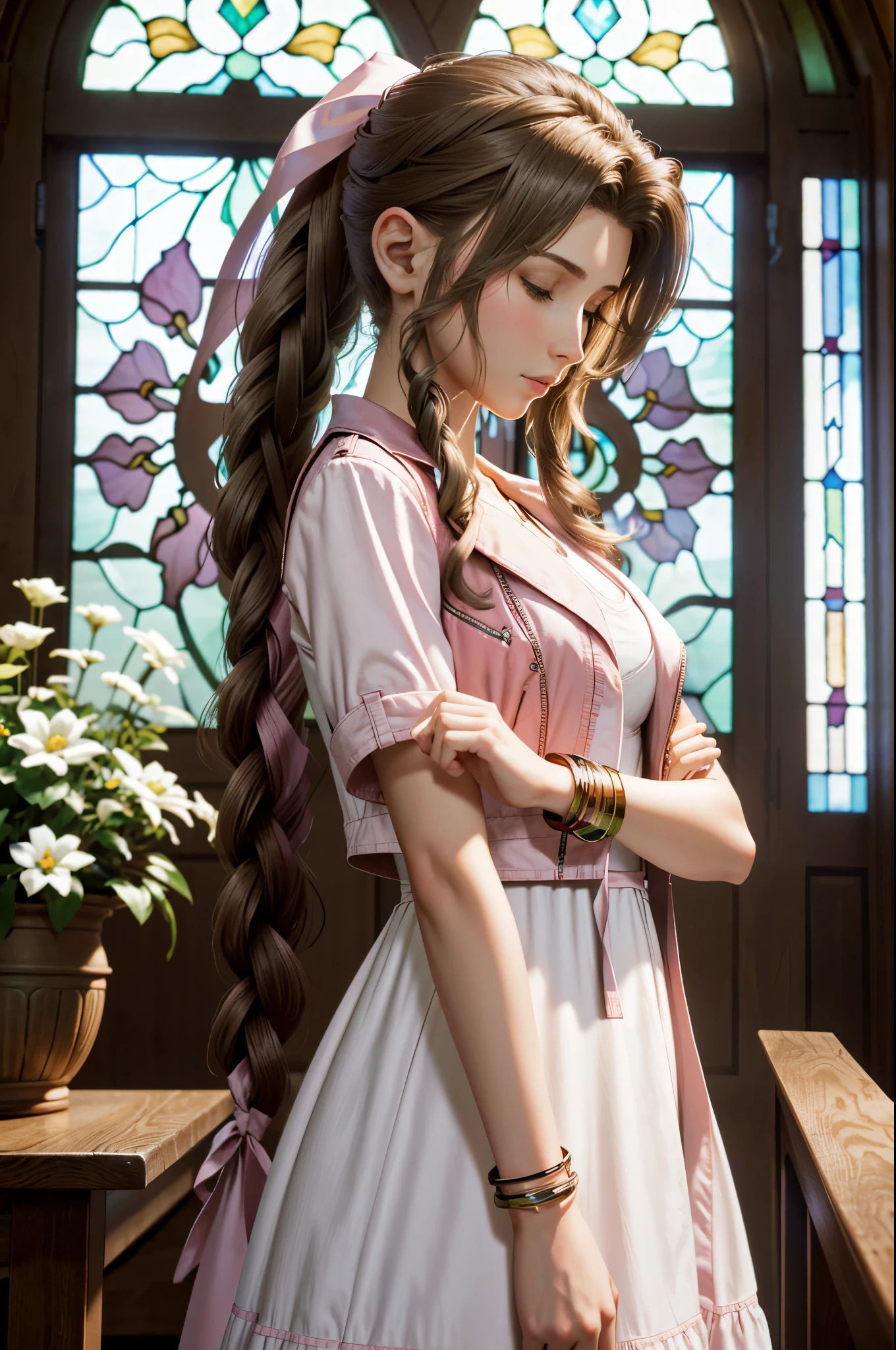 (highest quality,4k,8k,High resolution,masterpiece:1.2),super detailed,(realistic,photorealistic,photo-realistic:1.37),Aeris FF7, 1 girl, alone, long hair, chest, looking at the viewer, large chest, brown hair, dress, bow, ribbon, jewelry, medium chest, green eyes, Jacket, hair ribbon, Braid, flower, short sleeve, hair bow, side lock, parted lips, open clothes, bracelet, From the side, open Jacket, lips, Depth of the bounds written, white flower, pink dress, red Jacket, cropped Jacket, Braided ponytail, realistic, nose, dappled sunlight, leaning forward, with closed eyes, closed mouth, With hands folded in a prayer pose、Inside the church, Inside the chapel, stained glass window, The composition is bathed in light from the ceiling.