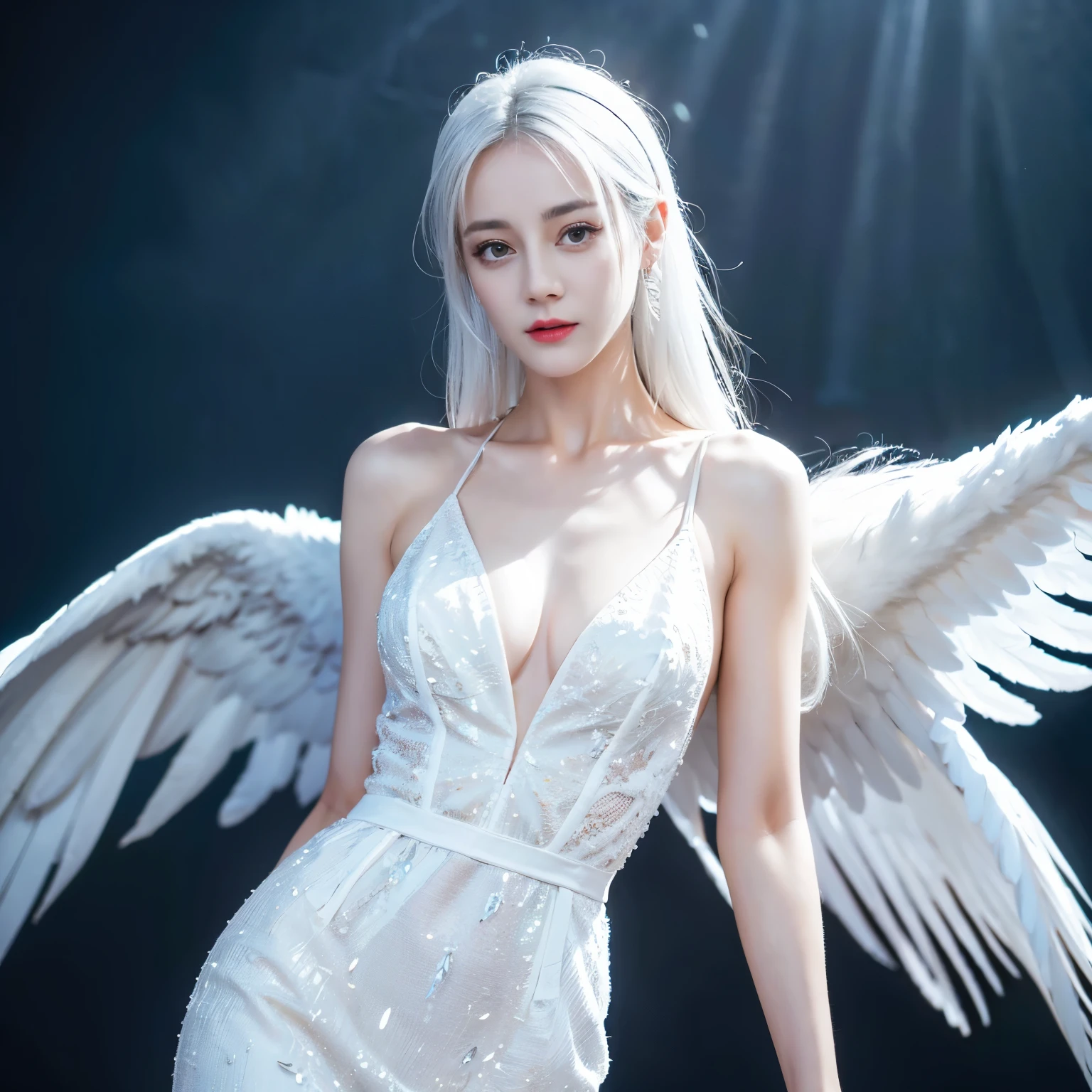 ((top quality、8k、Masterpiece:1.3))、Extremely delicate and beautiful girl,Very white skin,fiery red lips,Waist is very thin,Thighs are very thin,,White and smooth skin,Smooth and fair skin,flawless skin,Fair and shiny skin,cold white skin,The camera focuses on the chest,bright light,hair is white,A pair of huge white wings on the back,hazy light rays,white background,Long white dress,White hair,white hair,sad,Almost crying