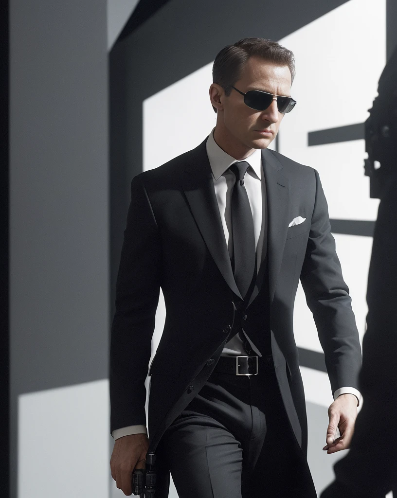 A secret agent, undercover in a luxurious mansion, stealthily navigating through the dark corridors, trying to retrieve a valuable artifact. Intricate spy gadgets, hidden compartments, and high-tech security systems add to the suspense and thrill. The agent is dressed in a sleek black suit, wearing dark sunglasses and in constant communication with the headquarters through a discreet earpiece. The atmosphere is filled with tension and secrecy, with dim lighting casting long shadows along the walls. The scene is captured in a highly cinematic and dramatic style, resembling a suspenseful spy movie. The color palette is dominated by deep shadows, emphasizing the secretive and mysterious nature of the mission. The agent's intense focus and determination are portrayed through their sharp gaze and precise movements as they avoid detection and approach their target. The composition is carefully framed to create a sense of anticipation and intrigue, with the viewer being drawn into the agent's world of espionage. The final artwork is of the highest quality, with ultra-detailed rendering, realistic textures, and vivid colors that bring the scene to life. The lighting is expertly crafted to enhance the sense of drama and heighten the visual impact of the image. This prompt encapsulates the essence of a secret agent's mission, combining elements of mystery, action, and intrigue to create a captivating and visually stunning artwork. (best quality, 4k, highres, masterpiece:1.2), ultra-detailed, (realistic, photorealistic, photo-realistic:1.37), spy, suspense, luxury, mansion, artifact, spy gadgets, hidden compartments, high-tech security systems, black suit, dark sunglasses, headquarters, earpiece, tension, secrecy, dim lighting, dramatic, cinematic, shadows, sharp gaze, precise movements, anticipation, intrigue, espionage, deep shadows, intense focus, composition, craftsmanship, rendering, textures, vivid colors, lighting.