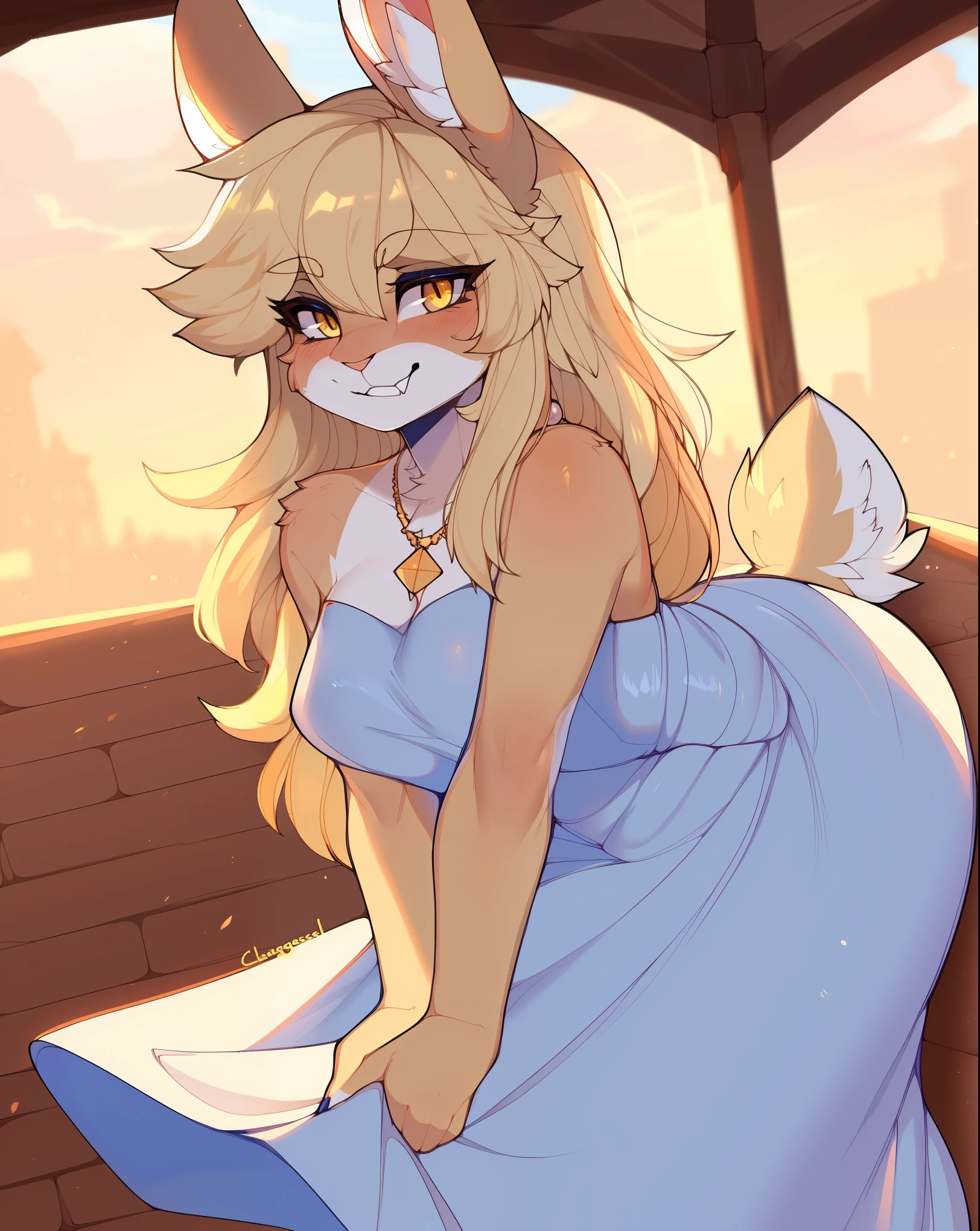 sfw,by claweddrip,by ressue,by pudgeruffian,by fleet-foot,by thericegoat,best quality,masterpiece,solo,female,rabbit,(lop ears:1.1),blonde hair,long straight hair,beige body, (shaded face:1.2), grinning, (hands on own cheeks:1.4), (beige fur:1.2), (wearing a flowing summer dress:1.4), frills, (necklace), dimly lit market stall, (slightly tilting head), warm yellow eyes