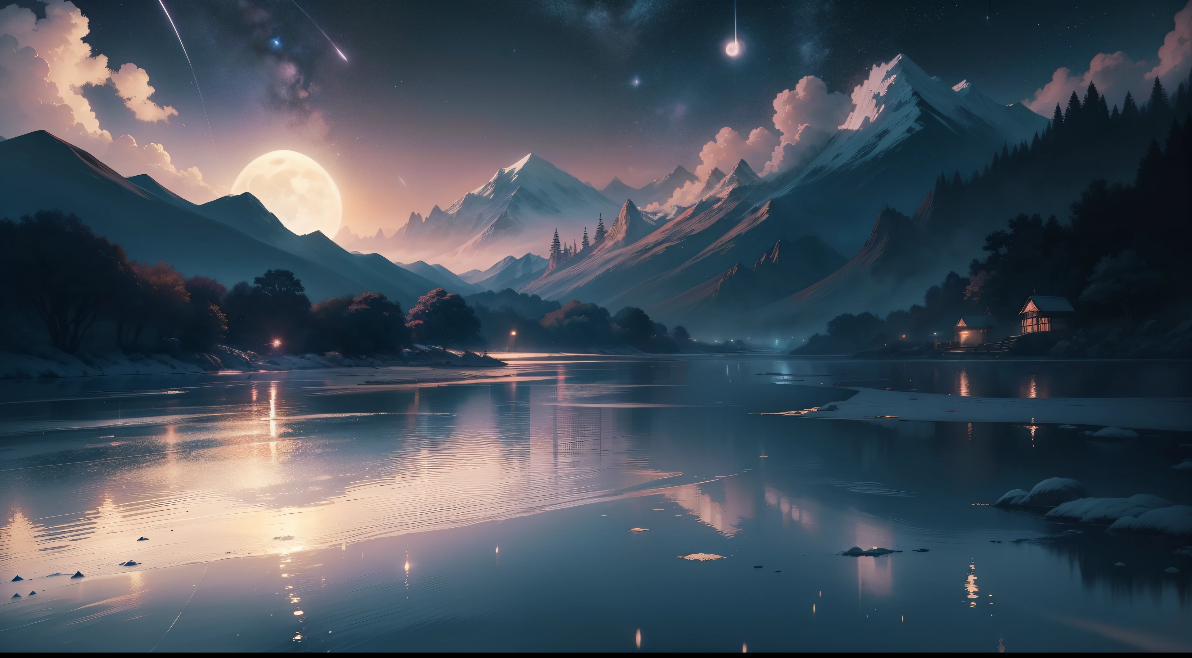River painting of stars and moon in the sky, Concept art inspired by Mitsuhiro Tosa, pixiv contest winners, best quality, fantasy art, beautiful anime scene, a bright moon, 月光下的starry sky环境, dream painting, anime background Art, fantasy landscape art, fantasy night, anime background, background artwork, wonderful art, Atmospheric animation, starry sky, Detail enhancement.