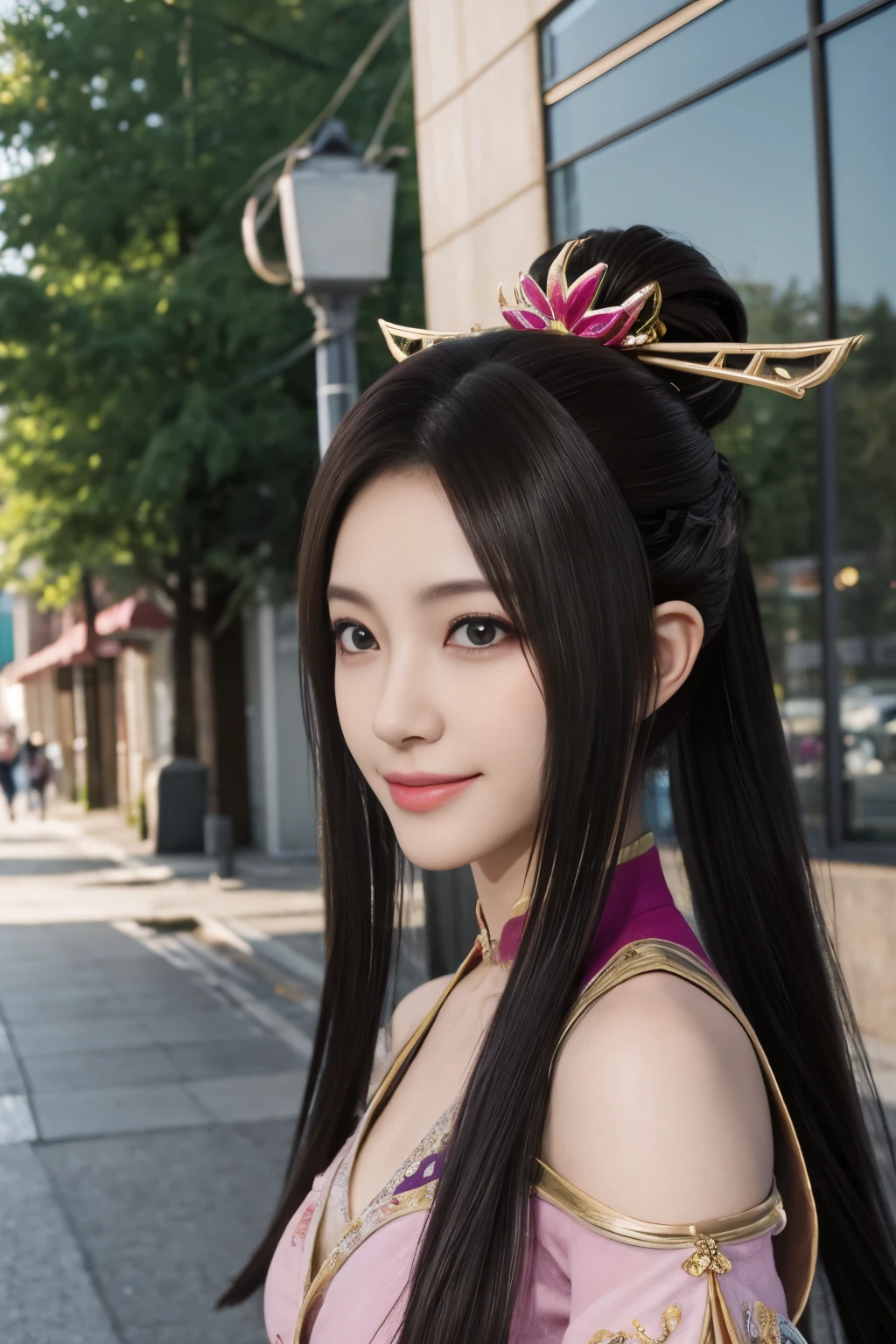 Diaochan from Sangoku Musou 8,超reality的な,hair ornaments,Perfect Diaochan costume,twin tail star piece、1 cute girl、 high school stud eyes、puffy eyes、bright outdoors,Bright downtown、highest quality, 超High resolution, (reality: 1.4), movie lighting、Japanese、asian beauty、Korean、super beautiful、beautiful skin、body facing forward、whole body,Upper body、(超reality的な)、(High resolution)、(8k)、(very detailed)、(美しくfine eyes)、(Super detailed)、 (wall-)、detailed face、bright lighting、professional lighting、looking at the viewer、look straight ahead、slanted bangs、brown hair、Nogizaka Idol、