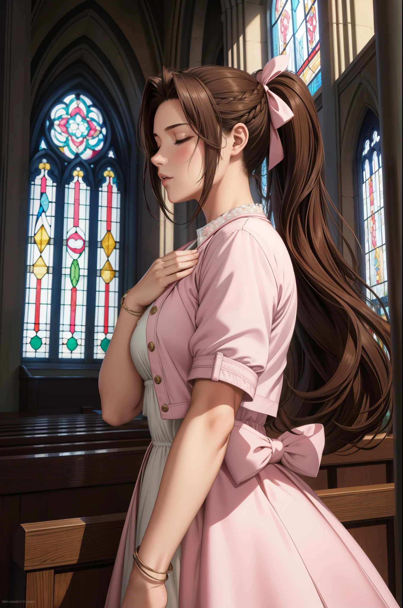 (highest quality,4k,8k,High resolution,masterpiece:1.2),super detailed,(realistic,photorealistic,photo-realistic:1.37),Aeris FF7, 1 girl, alone, long hair, chest, looking at the viewer, large chest, brown hair, dress, bow, ribbon, jewelry, medium chest, green eyes, Jacket, hair ribbon, Braid, flower, short sleeve, hair bow, side lock, parted lips, open clothes, bracelet, From the side, open Jacket, lips, Depth of the bounds written, white flower, pink dress, red Jacket, cropped Jacket, Braided ponytail, realistic, nose, dappled sunlight, leaning forward, with closed eyes, closed mouth, With hands folded in a prayer pose、Inside the church, Inside the chapel, stained glass window, The composition is bathed in light from the ceiling.