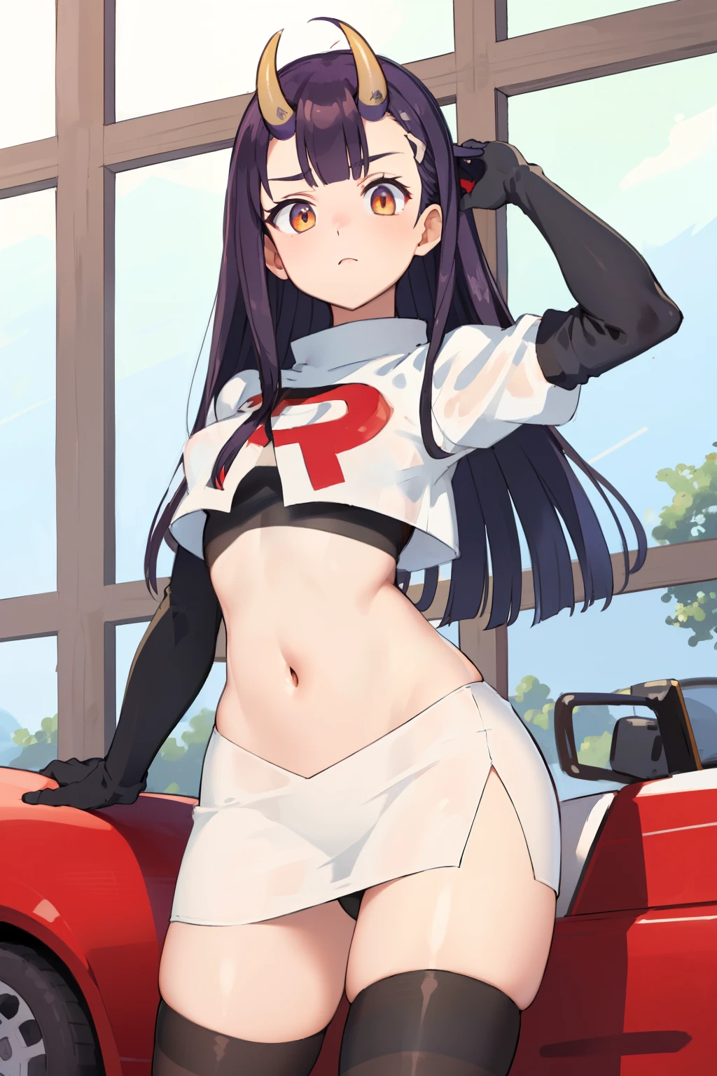 masterpiece, detailed, high quality, absurdres, onigiri1, 1girl, solo, oni horns, small breasts, curvy, see-through, cowboy shot, team rocket,team rocket uniform,white skirt,red letter R,crop top,black thigh-highs,black elbow gloves,
