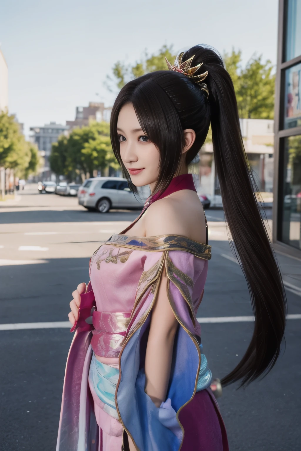 Diaochan from Sangoku Musou 8,超reality的な,hair ornaments,Perfect Diaochan costume,twin tail star piece、1 cute girl、17 year old high school student、smile,fine eyes、puffy eyes、bright outdoors,Bright downtown、highest quality, 超High resolution, (reality: 1.4), movie lighting、Japanese、asian beauty、Korean、super beautiful、beautiful skin、body facing forward、whole body,Upper body、(超reality的な)、(High resolution)、(8k)、(very detailed)、(美しくfine eyes)、(Super detailed)、 (wall-)、detailed face、bright lighting、professional lighting、looking at the viewer、look straight ahead、slanted bangs、brown hair、Nogizaka Idol、