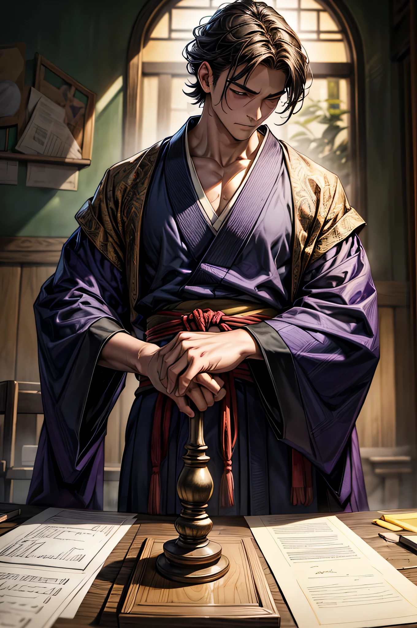 Um homem imponente vestido com um luxuoso quimono roxo, its imposing stature is only matched by the cascade of elegant, cabelos volumosos emoldurando seu rosto anguloso. Ele transmite sabedoria ao seu jovem aluno, um de aldeia de 13 anos, ensinando-lhe a arte da esgrima no ambiente tranquilo do dojo de sua vila. The master's patient guidance contrasts with his student's eager determination, as they engage in a timeless tradition of guidance and skill. illustration, Aquarela em pergaminho, capturing the fluidity of movement and the bond between teacher and student, --ar 16:9 --v 5