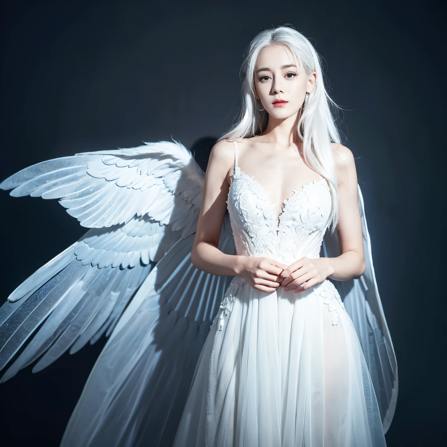 ((top quality、8k、​Masterpiece:1.3))、Extremely delicate and beautiful girl，Very white skin，fiery red lips，Waist is very thin，Thighs are very thin，，White and smooth skin，Smooth and fair skin，flawless skin，Fair and shiny skin，cold white skin，The camera focuses on the chest，bright light，hair is white，A pair of huge white wings on the back，hazy light rays，white background，Long white dress，White hair，white hair，sad，Almost crying