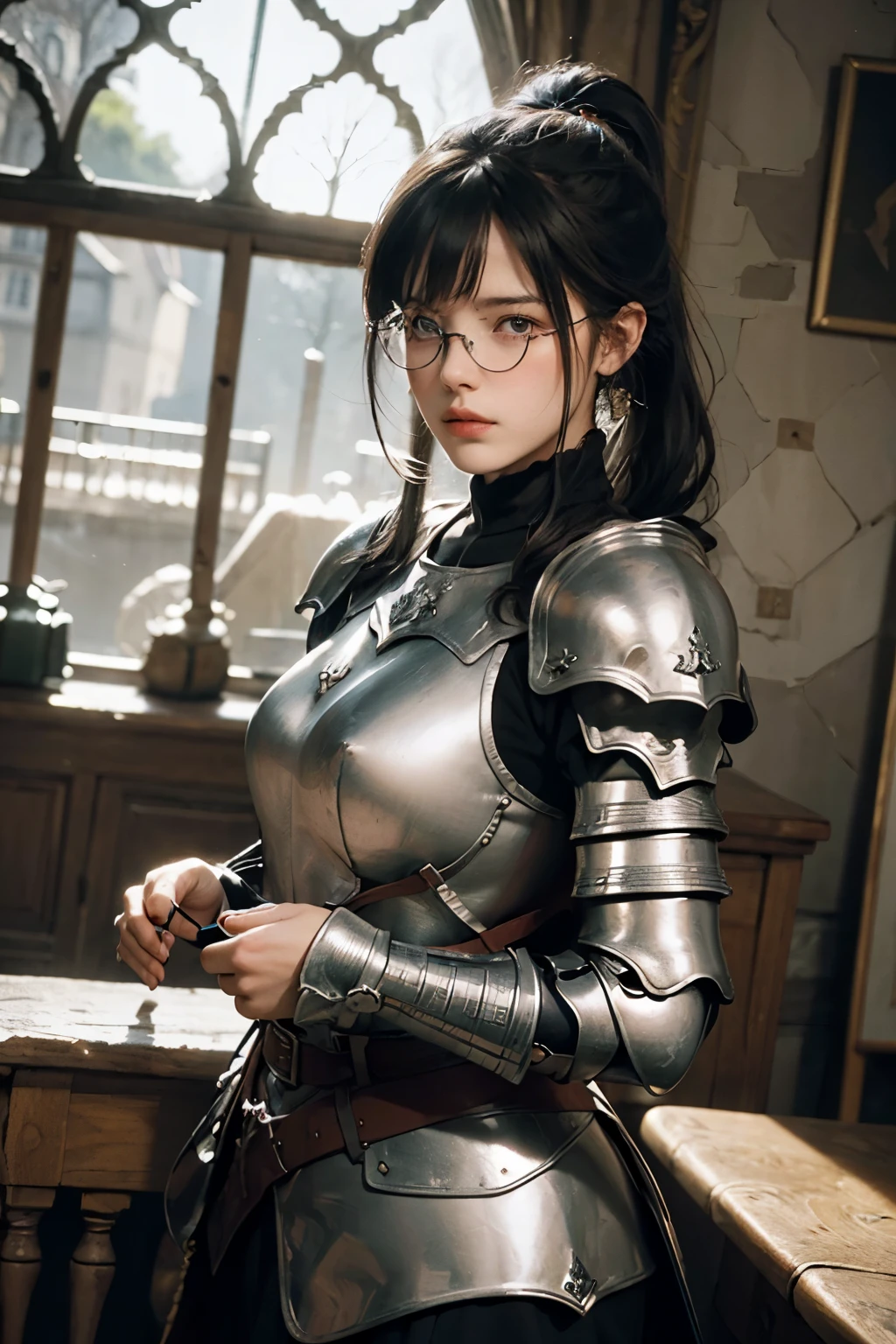 ((wide angle shot of the Hundred Years' War in France)), a beautiful woman, black hair in a ponytail, bangs, wearing glasses, wearing Jeanne d'Arc armor
