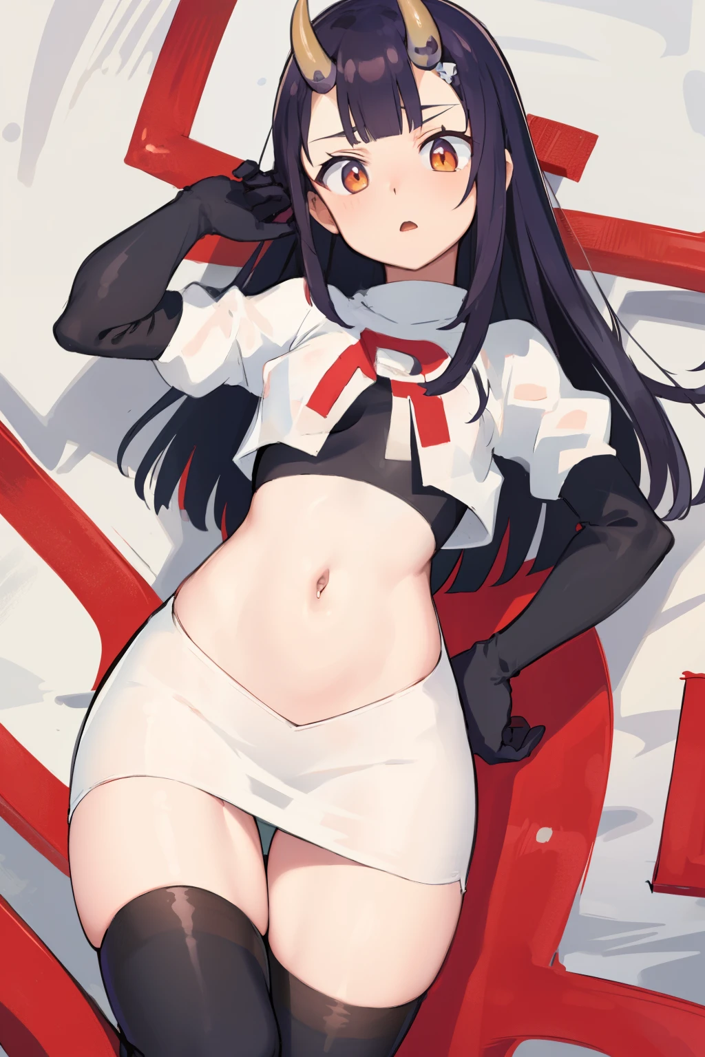 masterpiece, detailed, high quality, absurdres, onigiri1, 1girl, solo, oni horns, small breasts, curvy, see-through, cowboy shot, team rocket,team rocket uniform,white skirt,red letter R,crop top,black thigh-highs,black elbow gloves,