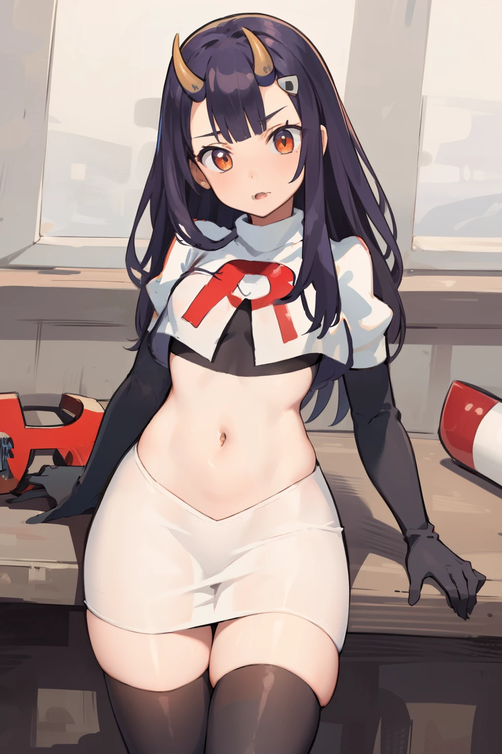 masterpiece, detailed, high quality, absurdres, onigiri1, 1girl, solo, oni horns, small breasts, curvy, see-through, cowboy shot, team rocket,team rocket uniform,white skirt,red letter R,crop top,black thigh-highs,black elbow gloves,