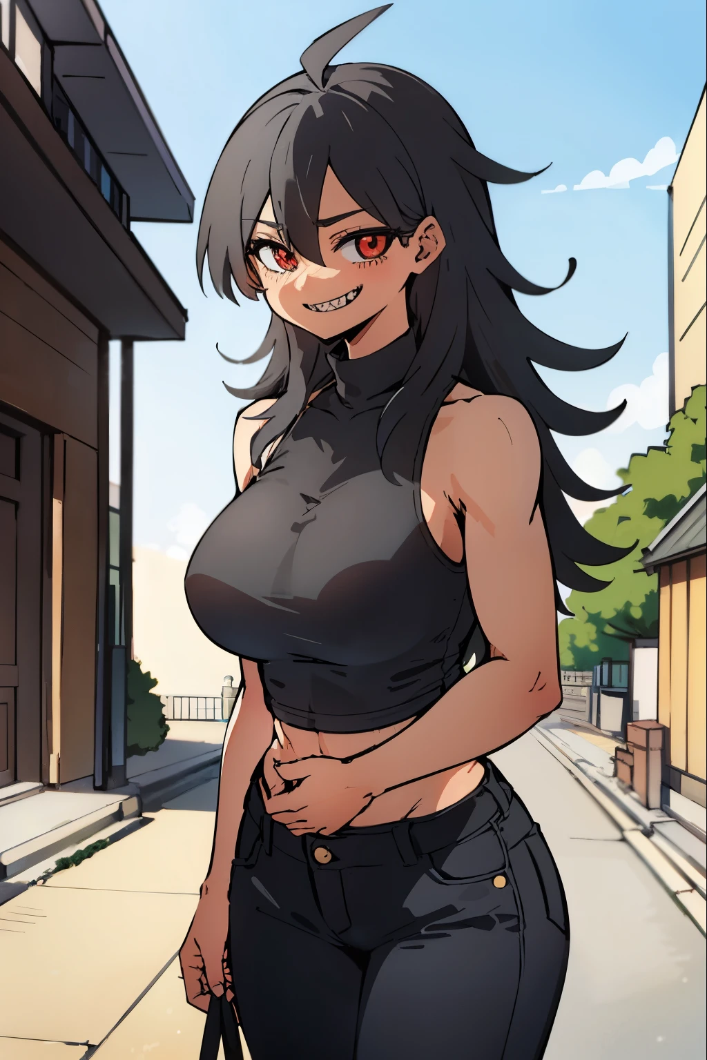 (1girl, solo, looking at viewer, cowboy shot), (sidewalk:1.4, tokyo \(city\)), rizdraws, thick lineart, haibara enako, muscular, muscular female, long hair, grey hair, messy hair, hair down, sharp teeth, red eyes, huge breasts, sleeveless, midriff peek, midriff, grey shirt, animal print, black pants, denim, smile, cartoon