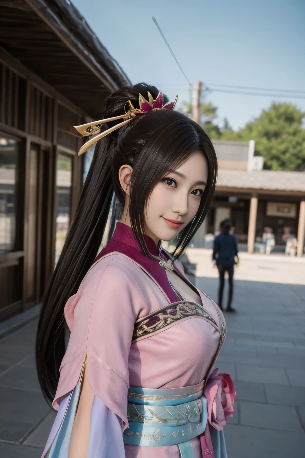 Diaochan from Sangoku Musou 8,超reality的な,hair ornaments,Perfect Diaochan costume,twin tail star piece、1 cute girl、 high school stud eyes、puffy eyes、bright outdoors,Bright downtown、highest quality, 超High resolution, (reality: 1.4), movie lighting、Japanese、asian beauty、Korean、super beautiful、beautiful skin、body facing forward、whole body,Upper body、(超reality的な)、(High resolution)、(8k)、(very detailed)、(美しくfine eyes)、(Super detailed)、 (wall-)、detailed face、bright lighting、professional lighting、looking at the viewer、look straight ahead、slanted bangs、brown hair、Nogizaka Idol、