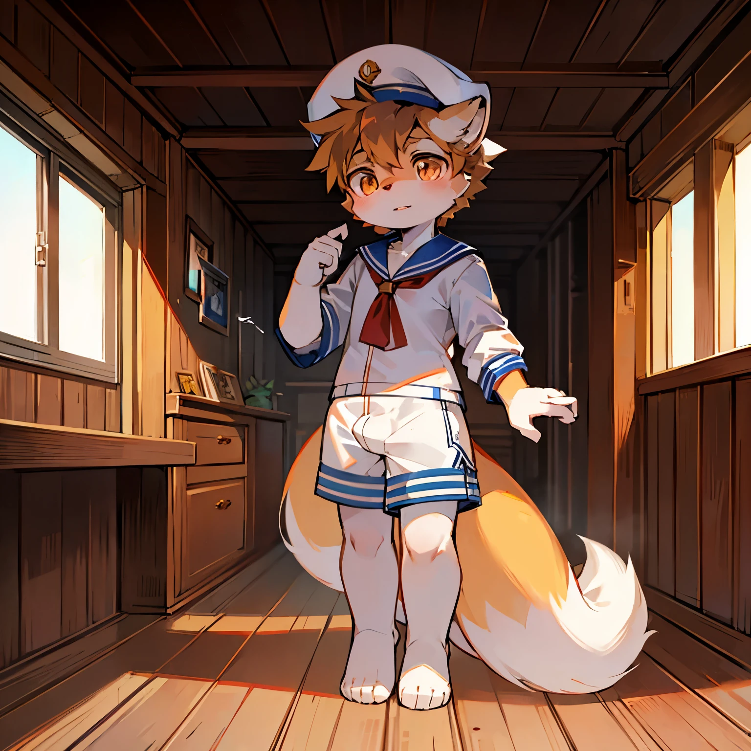 ship deck,fox boy,male focus,furry men,Furry Shota,Characteristics of a three-year-old boy,One meter six height,pupil,Bright Eyes,sailor hat,white sailor suit,shorts,Not protruding,Not protruding