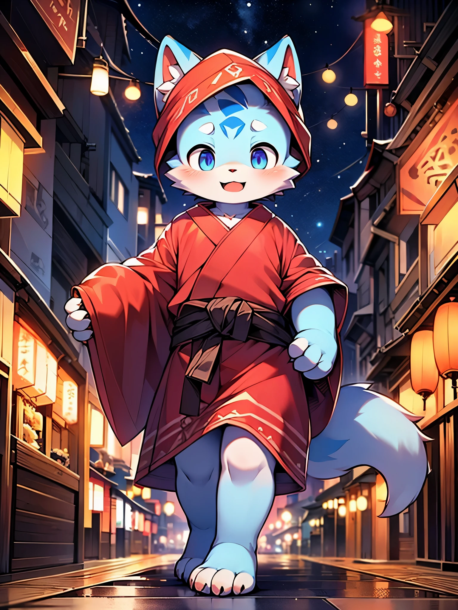 Tiger, little boy, cute, (solo), (((with blue and white fur))), purple big eyes, blushing face, smiling, opening mouth, (red bathrobe), white boxer underwear, walking, night, ancient Asian cities, bright street lights, blue and black slate roads, empty streets, starry sky, shadows, fine facial depiction, ((accurate hand depiction)), Rembrandt light and shadow, ultra fine