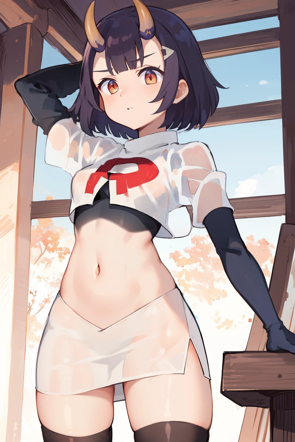 masterpiece, detailed, high quality, absurdres, onigiri1, 1girl, solo, oni horns, small breasts, curvy, see-through, cowboy shot, team rocket,team rocket uniform,white skirt,red letter R,crop top,black thigh-highs,black elbow gloves,