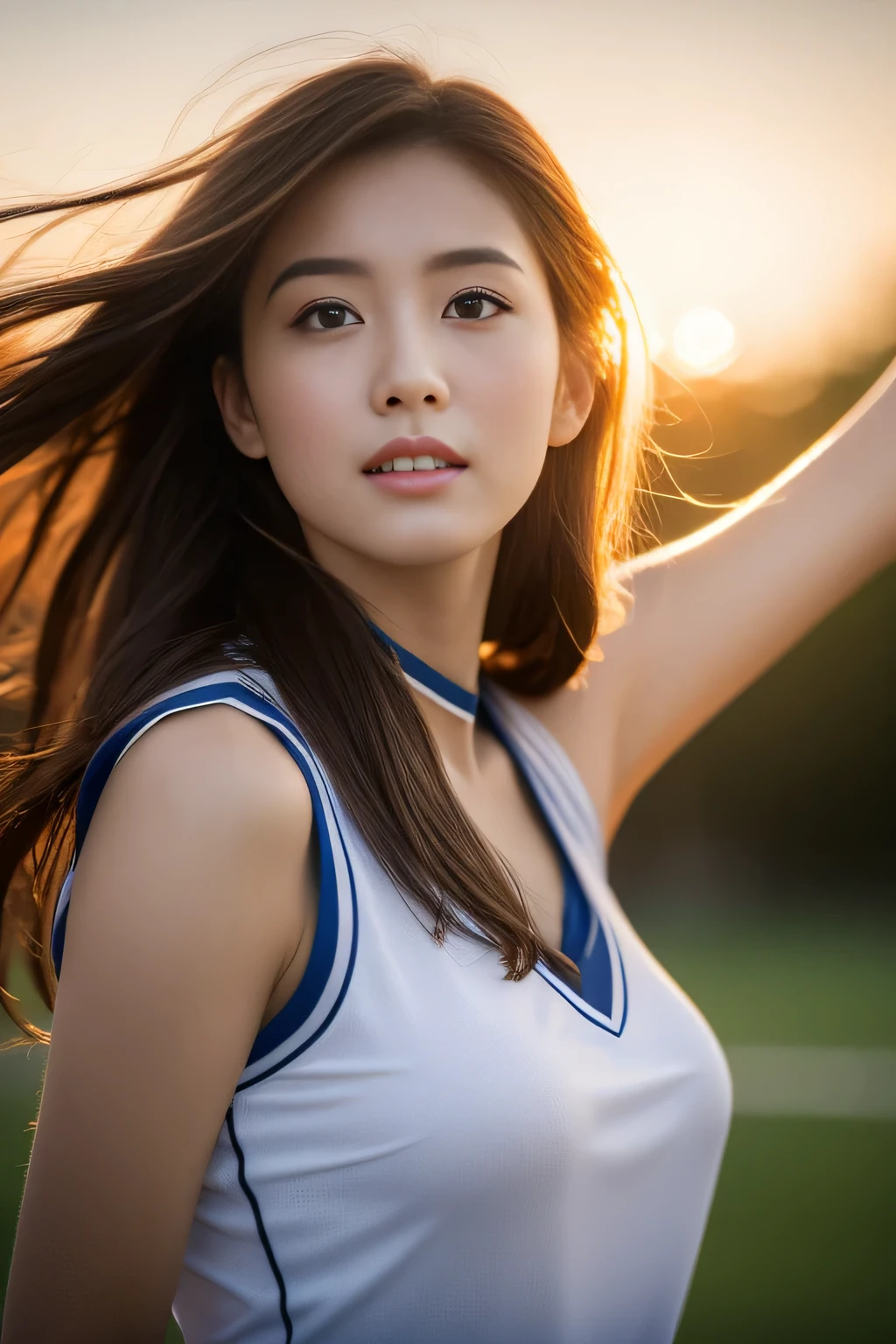 (8k,highest quality,masterpiece:1.2),(realistic,realistic:1.37),Super detailed,professional lighting,basketball playground,clear focus,Light of the sun,1 girl,美丽fine eyes,fine eyes, double eyelid,obscene pose,thin waist,v neck basketball uniform,brown hair,messy hair,long hair waving in the wind,huge tit:1.2,sexy and excited,I'm excited,japanese woman,realist woman,Highly detailed face and skin texture,