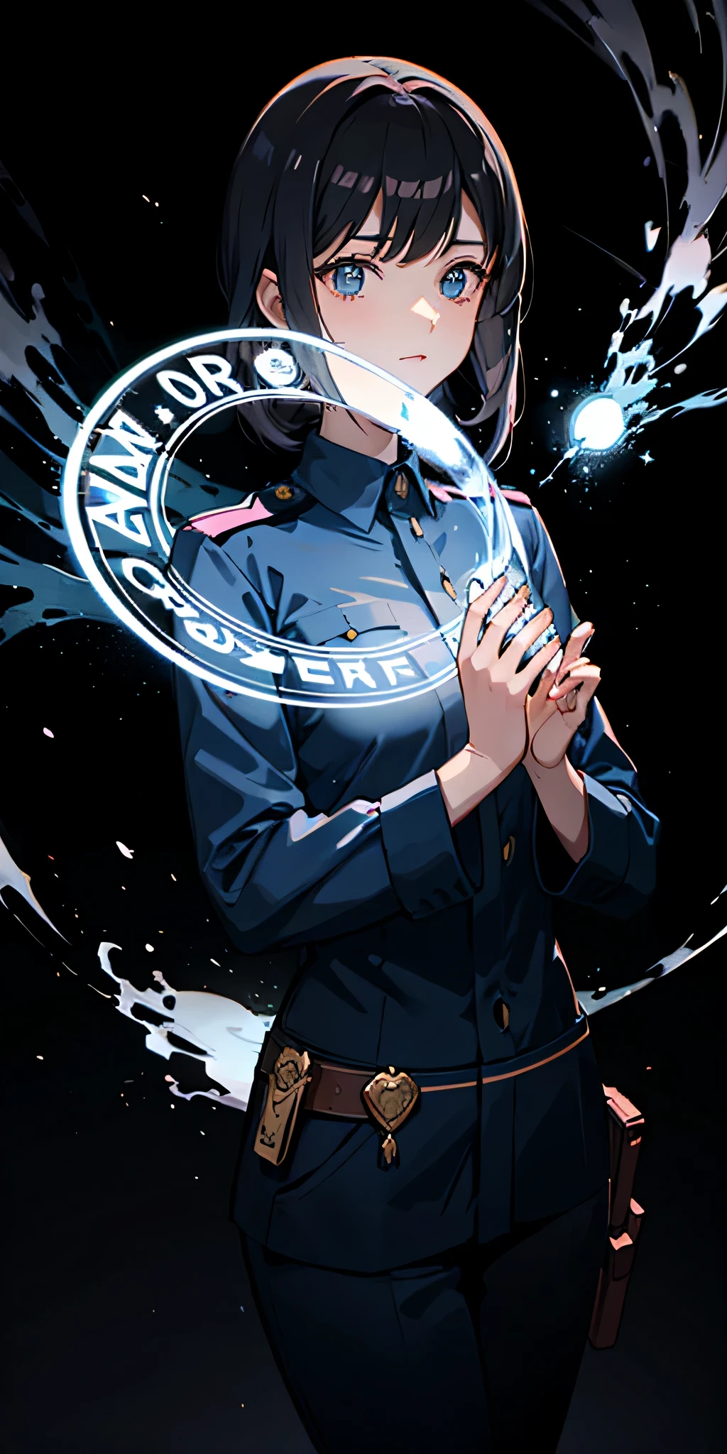tronco, 1 garota, cabelo preto, cabelo solto liso bem longo , olhos preto, (policial), com uma arma, medium breaths ,tecido, papel de parede, Magic circle background, light particles, fogo azul,