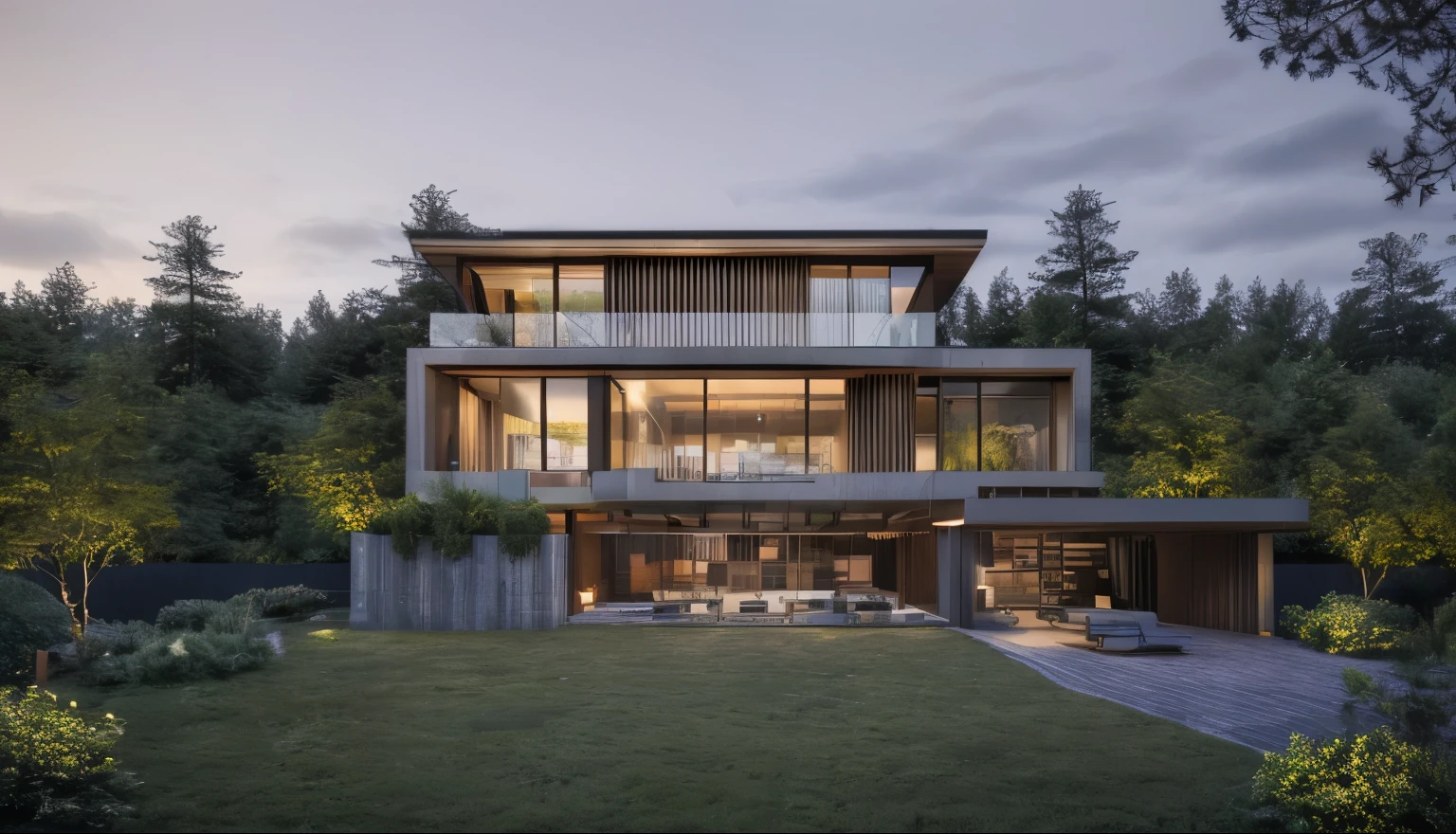 modern house, large yard, beautiful view, surrounding trees, (Single storey house planlat roofs,large windows,wood materials,concrete and glass,glass railings,surrounded by trees,lawn ,large sliding glass doors, large outdoor fireplace, beautiful flat roof, linear straight line, sunset light, neutral colored lights, beautiful, cloudy sky, landscape,plain terrain, RAW photo, subject, 8k uhd, dslr, soft lighting, high quality, film grain, Fujifilm XT3