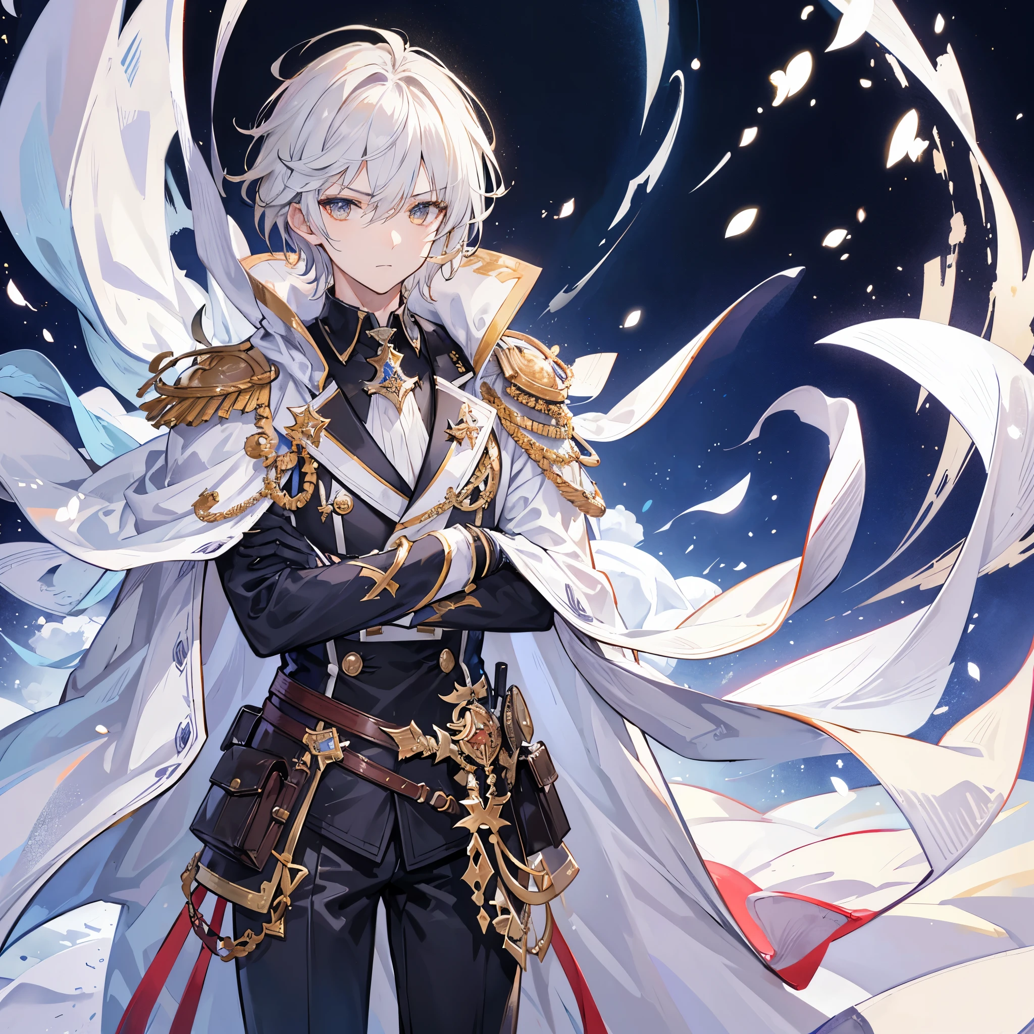 Handsome male, 1male, , teenager, golden lining, short white hair, gold eyes, lucilius from granblue fantasy, close up, calm expression, stoic, white military clothes, black militaryclothes, white cape, black gloves, crossed arms, upper body, looking at viewer, cowboy shot, black hallway background