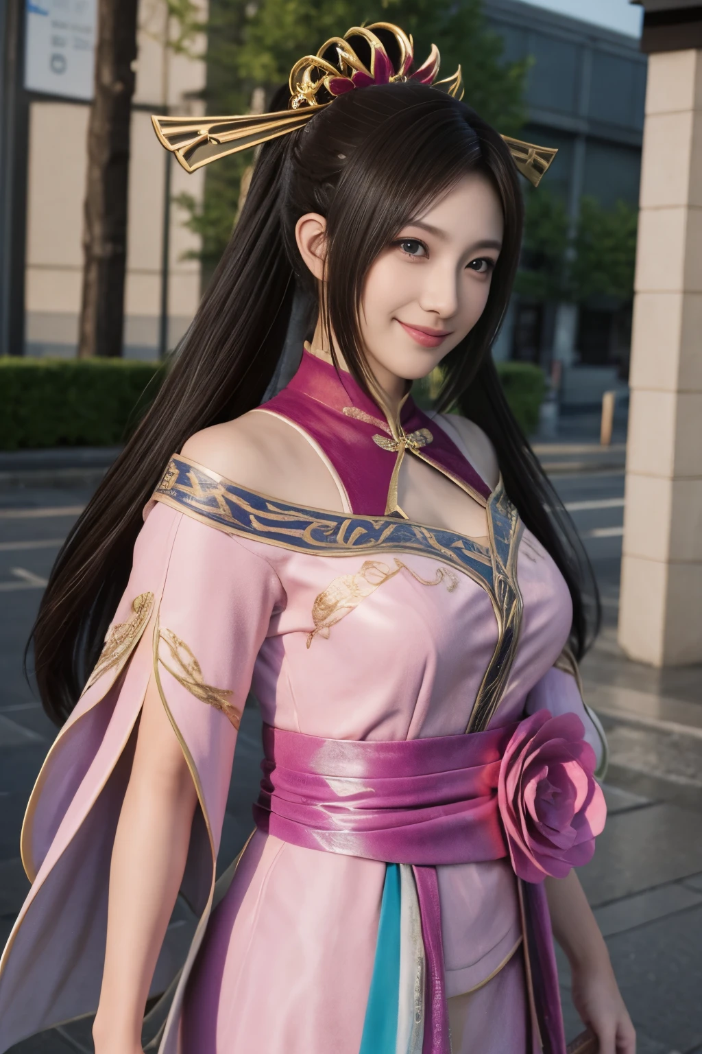 Diaochan from Sangoku Musou 8,超reality的な,hair ornaments,Perfect Diaochan costume,twin tail star piece、1 cute girl、17 year old high school student、smile,fine eyes、puffy eyes、bright outdoors,Bright downtown、highest quality, 超High resolution, (reality: 1.4), movie lighting、Japanese、asian beauty、Korean、super beautiful、beautiful skin、body facing forward、whole body,Upper body、(超reality的な)、(High resolution)、(8k)、(very detailed)、(美しくfine eyes)、(Super detailed)、 (wall-)、detailed face、bright lighting、professional lighting、looking at the viewer、look straight ahead、slanted bangs、brown hair、Nogizaka Idol、