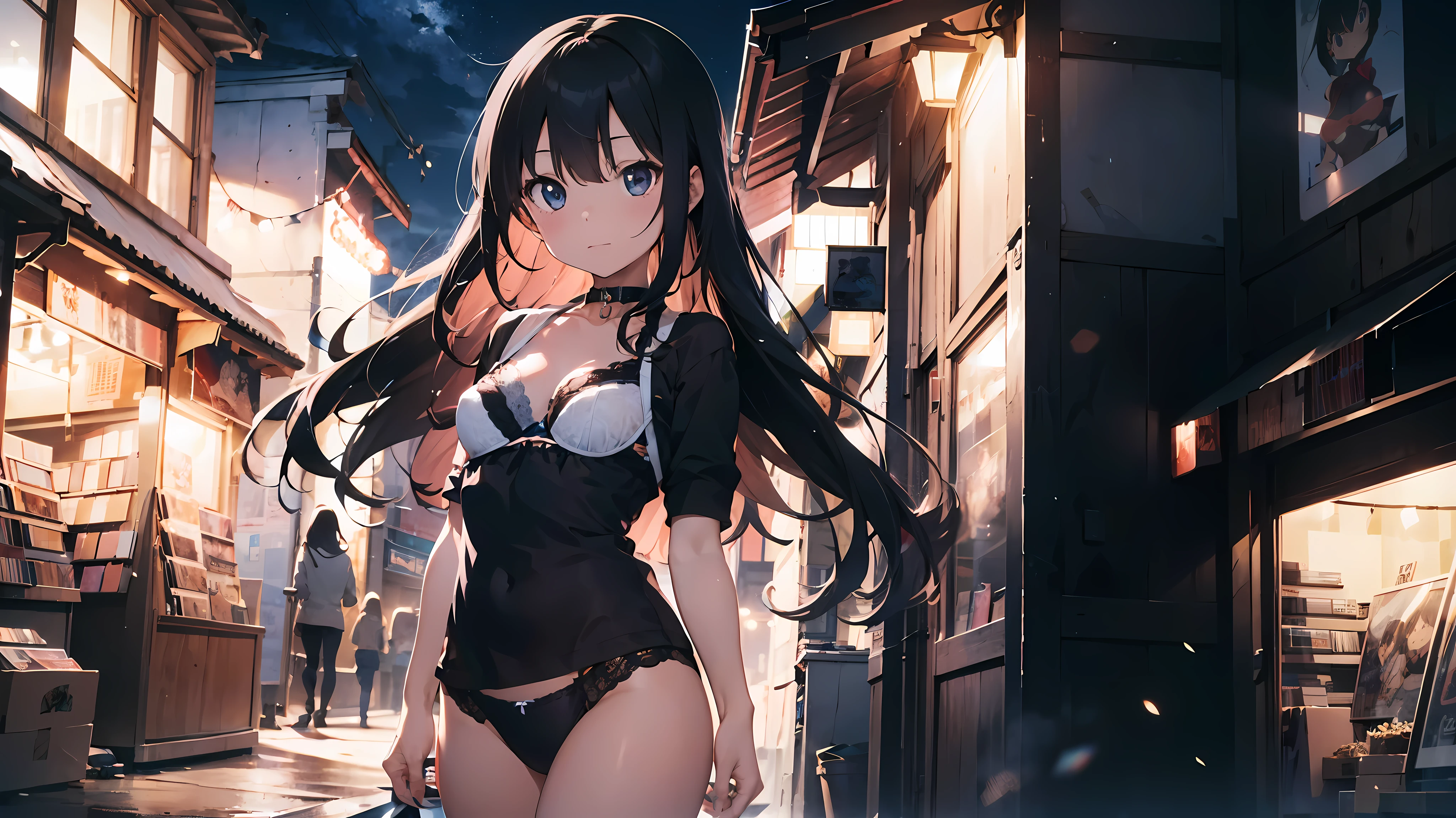 anime girl, 18 years old, long black hair, thin, small breasts, choker collar, white bra, white panties, record store, records, vinyl, open door, open window, nighttime, standing, dramatic lighting, cinematic lighting, masterpiece, best quality
