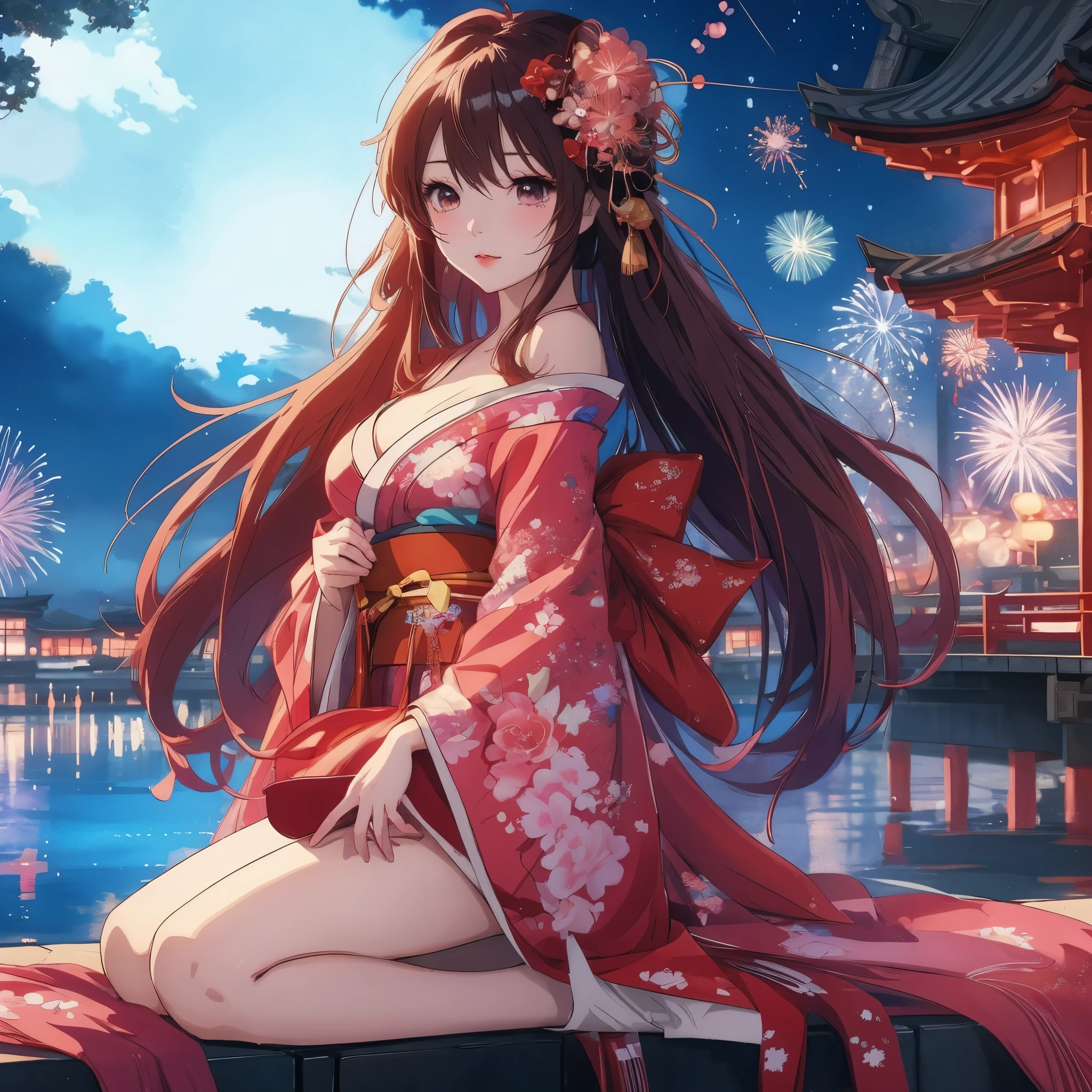 Anime girl in kimono sitting on the wall,Fireworks in the background, anime style 4k, Cute anime waifu wearing beautiful clothes, night nucleus, Beautiful anime girl, hd anime wallpaper, anime wallpaper, Beautiful anime woman, Beautiful anime, 4kanime wallpaper, anime wallpaper4k, anime wallpaper4K, Anime Art Wallpaper 4k