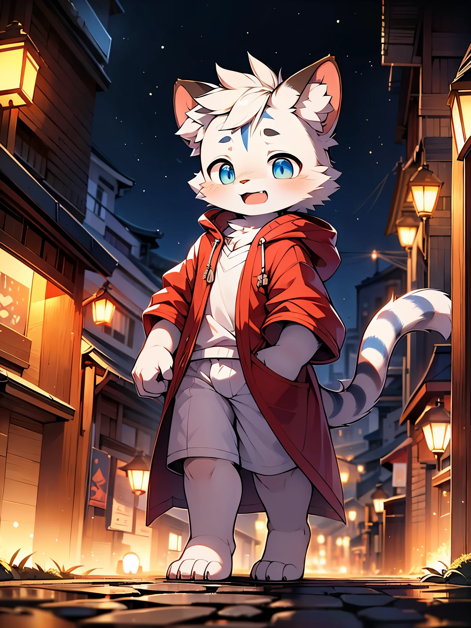 Tiger, , cute, (solo), (((with blue and white fur))), purple big eyes, blushing face, smiling, opening mouth, (red coat), ((white boxer underwear)), walking, night, ancient Asian cities, bright street lights, blue and black slate roads, empty streets, starry sky, shadows, fine facial depiction, ((accurate hand depiction)), Rembrandt light and shadow, ultra fine