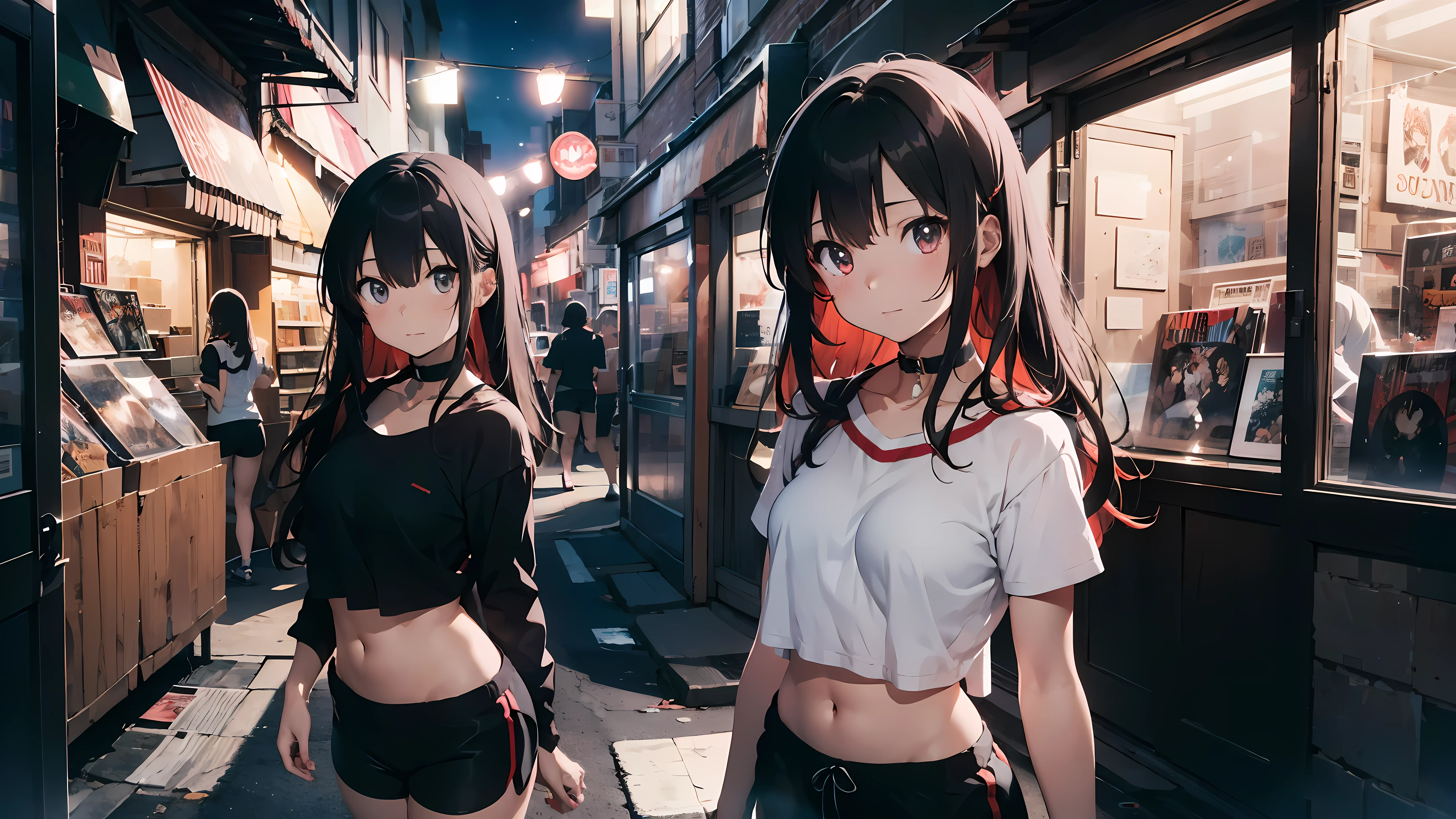 anime girl, 18 years old, long red hair, choker collar, white crop top, red gym shorts, record store, records, vinyl, open door, open window, nighttime, standing, dramatic lighting, cinematic lighting, masterpiece, best quality