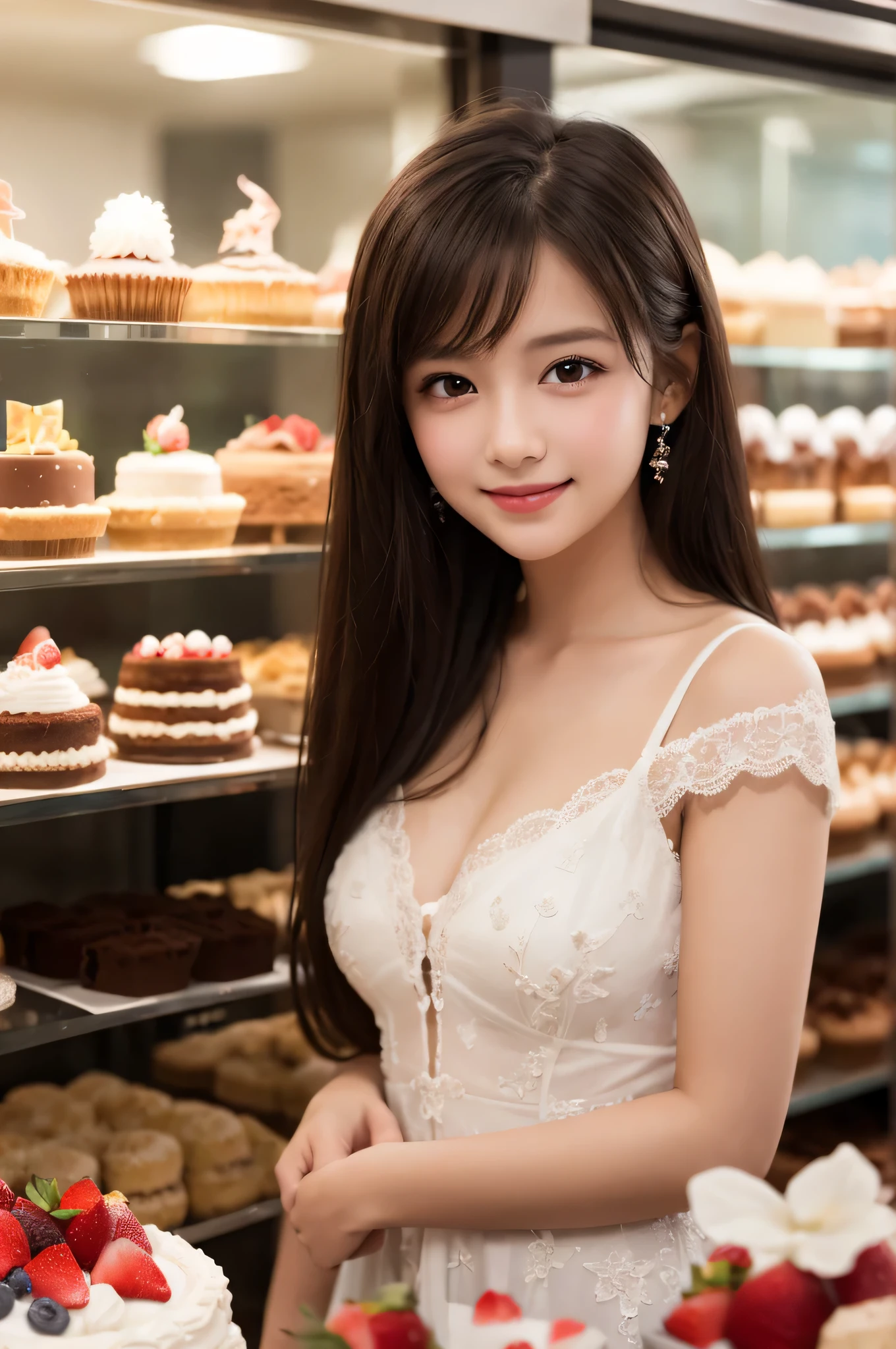 1ung girl, long hair, brown eyes, (smile slightly, Innocent and cute expression), model, Enchanting, Sublime, Ethereal, fantastic, extremely detailed CG unified 8k wallpaper, High-definition raw color photos, professional photography, indoors, (Cake shop, lots of cakes lined up), (Bokeh), depth of fields,