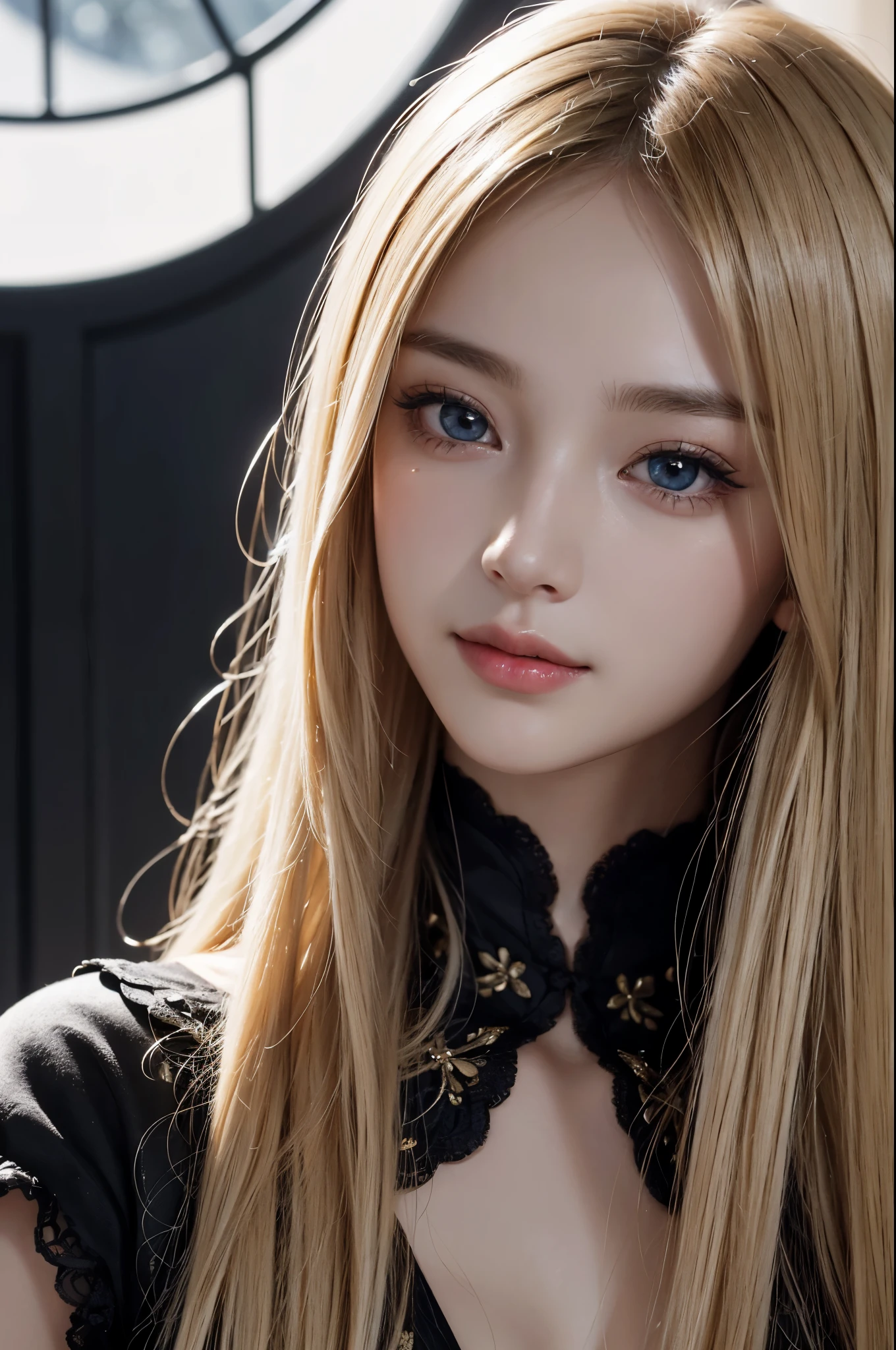 (Ultra Realistic), (Illustration), (Increased Resolution), (8K), (Extremely Detailed), (Best Illustration), (Beautiful and Detailed Eyes), (Best Quality), (Ultra Detailed), (Masterpiece ), ( wallpaper), (detailed face), solo, 1 girl, Charming Russian model Nata Lee, light blonde straight hair, looking at viewer, fine details, detailed face, in the dark, deep shadows, low key, pureerosfaceace_v1, smiling, long hair, 46 points oblique bangs.