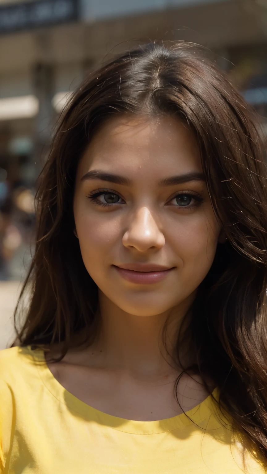 highest quality, epic realistic, ((in the bright daylight :1.4)), ((portrait:1.5)),(background: bright ) high contrast ,glorious picture, lowest lux, lighting face, she's comfortable, full figure, wearing yellow full-sleeve T-shirt, blue jeans pant, looks incredible, (8k, Raw photo, Highest quality),(epic realistic:1.5), an Indian woman, face,(detailed eyes:0.8),(looking at the camera:1.4), (Highest quality), ( high contrast, deep shadows), Intricate details, cinematic,((skin:1.4)), (long dark hair:1.3), long hair, messy ,(Hdr:1.5),Detailed, colors, Superior quality, ( sunny sky: 1.4), Masterpiece, Raw Photo (25-year-old, looking at viewer), beautiful, (wearing yellow full-sleeve T-shirt, blue jeans pant), perfect, natural, perfect composition, portrait, perfect face, smiling expression, fair skin, bright complexion, Captivating eyes, Bright details, Tight lips, (High Skin Detail), no dot on forehead,, (blue tint: 0.6), (sale: 0.8), (bloody: 0.7), Key lighting , (backlight: 0.5), Medium depth of field, Canon 5d, 50mm lens, f/4 apertures, (Ultra-detailed, Complex detail), sharp focus, soft colors, 8k, Absurd, 80mm, blurred bokeh background, photography, smiling, standing inside a shopping mall