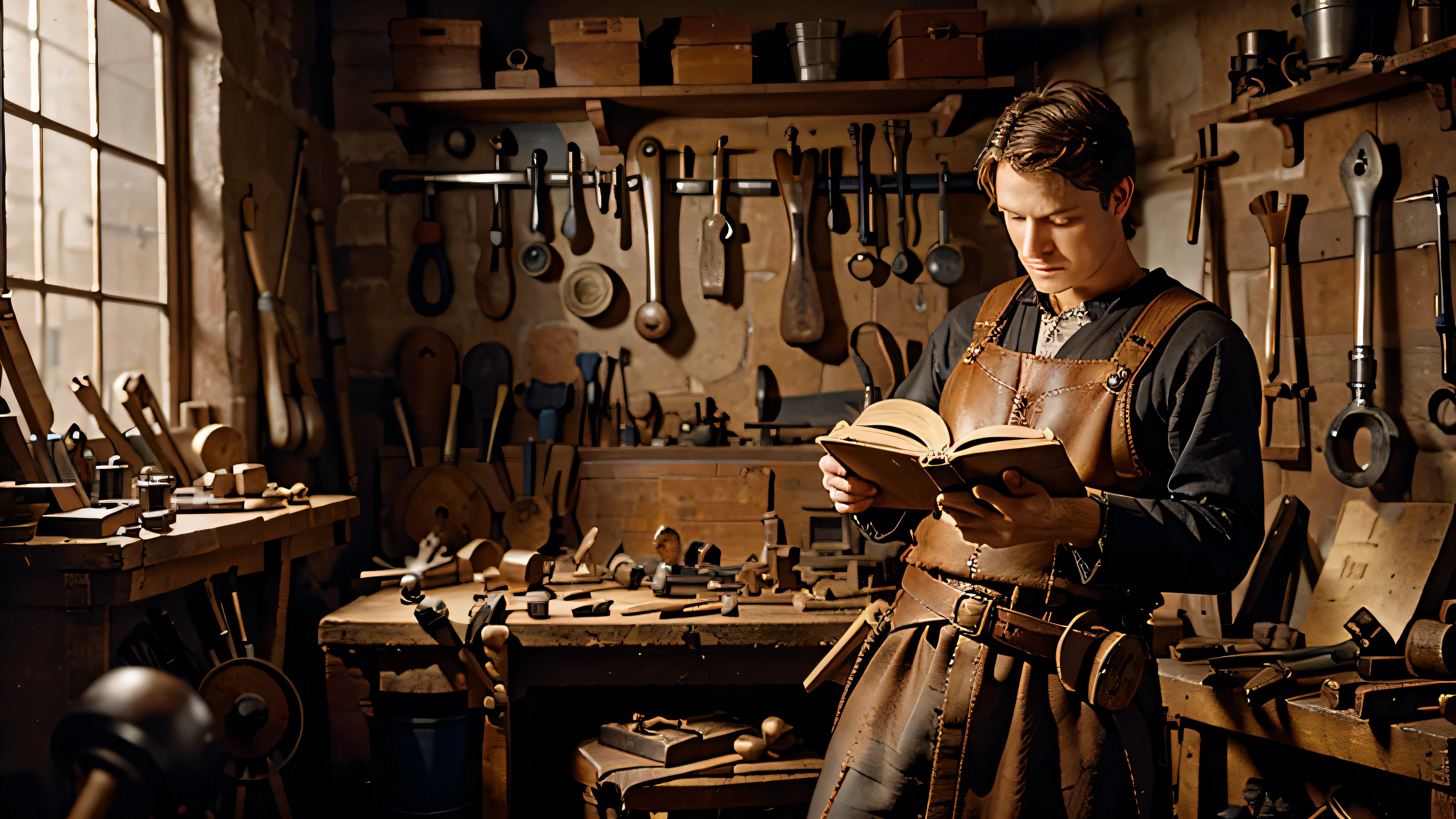 William Carey em sua oficina de sapateiro, cercado por ferramentas e couro. He is reading the Bible carefully.
