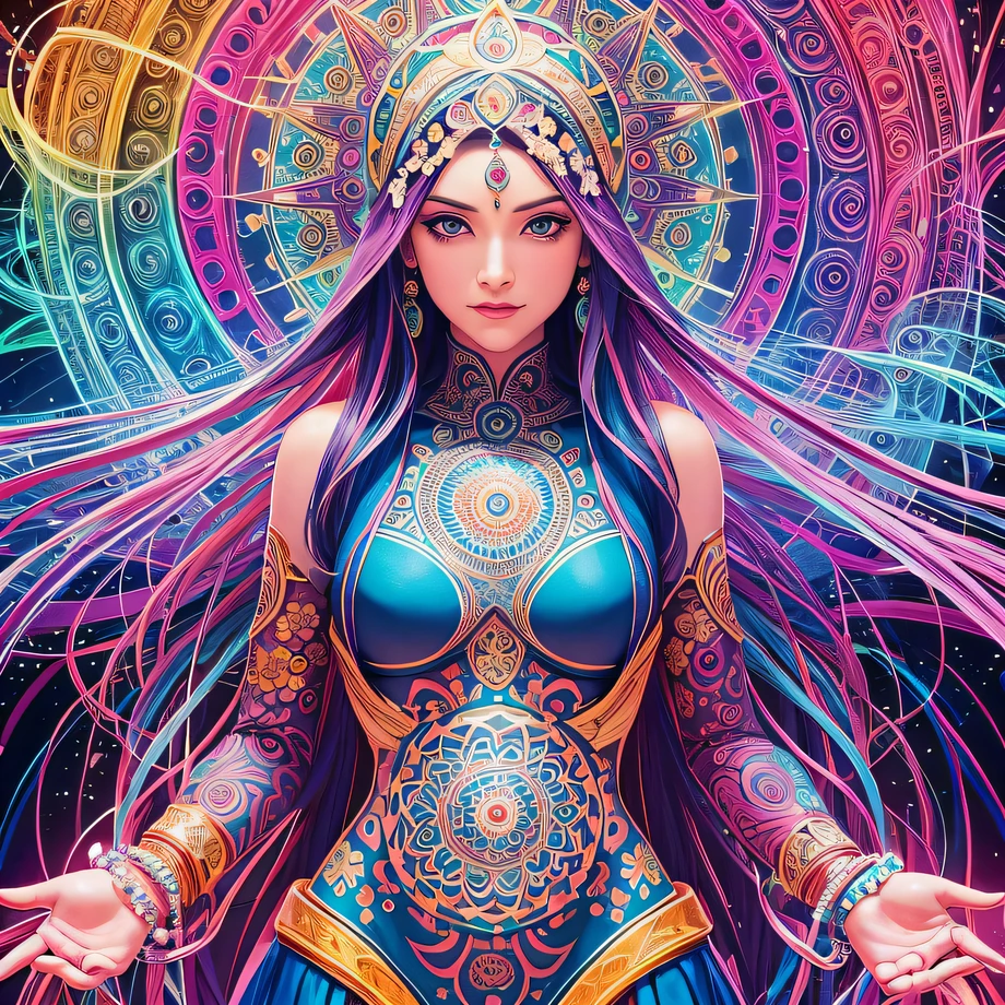 Create art similar to those of the artist Alex Grey, energy, mandalas, Sensual woman, a lot of saturation in the colors