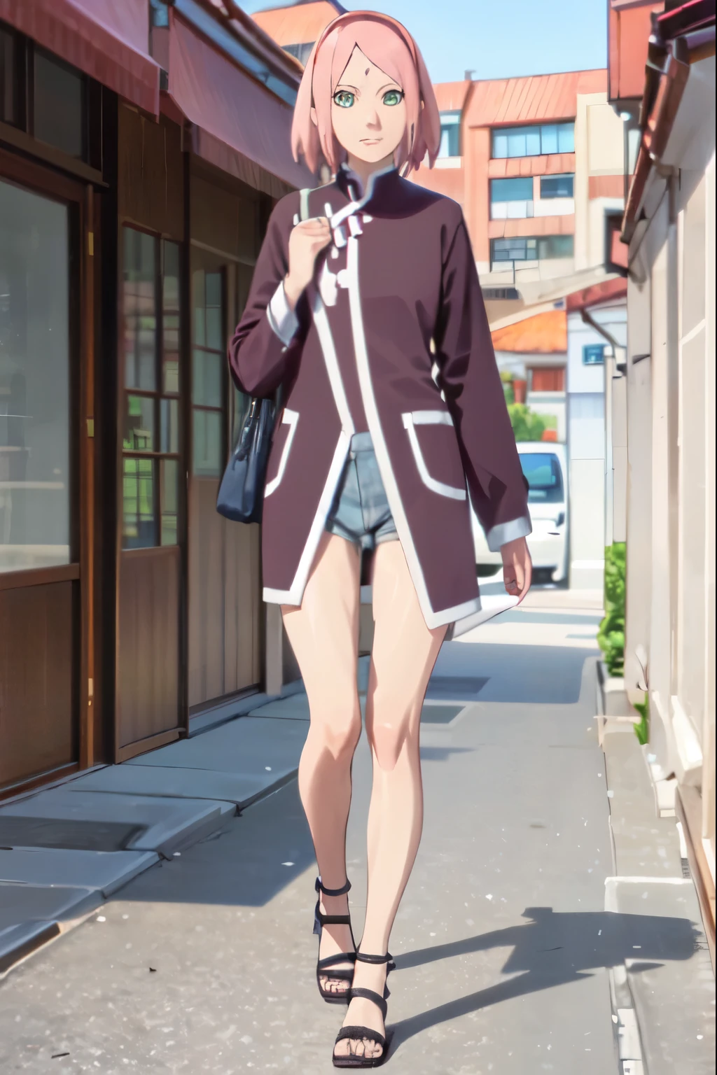 Zakura haruno sin ropa, usando sinta adeciva que cubre sus partes intimas, usando sapatillas negras, caminando en una pasarela
