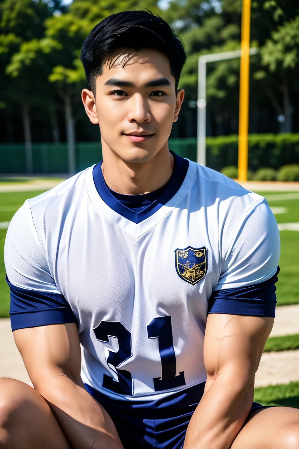 (Create a masterpiece: 1.2), (CGI art:1.3), (realistic:1.5), (After processing:1.3), (Sharp focus:1.3), 2 man, smile, (Wear a navy short-sleeved T-shirt.), short hair, Korea, facial hair, Indonesian, (High gloss details),Pectoral muscles, Big arm muscles, blood vessel, Big muscles, Broad shoulders, Sit on the football field.