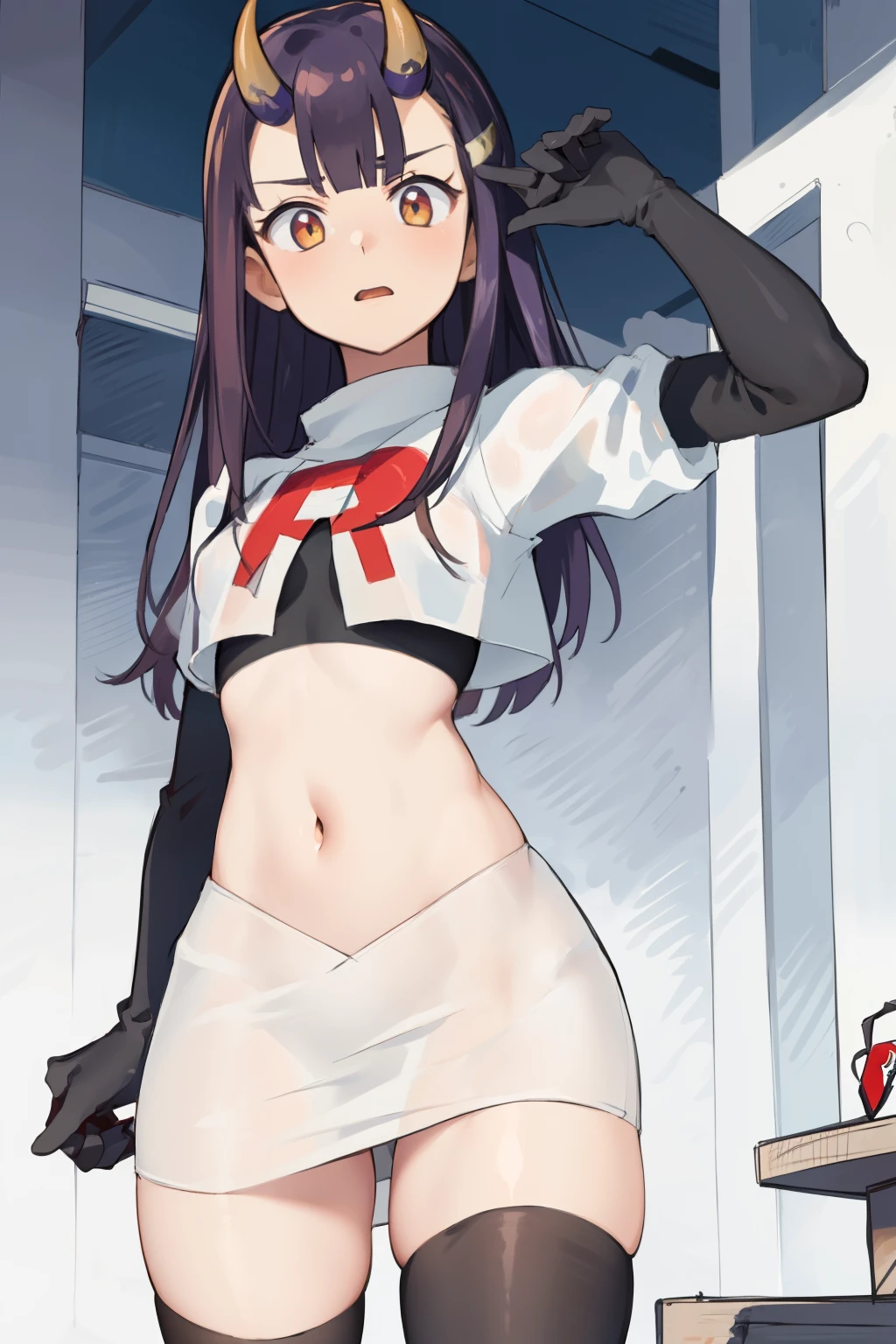 masterpiece, detailed, high quality, absurdres, onigiri1, 1girl, solo, oni horns, small breasts, curvy, see-through, cowboy shot, team rocket,team rocket uniform,white skirt,red letter R,crop top,black thigh-highs,black elbow gloves,