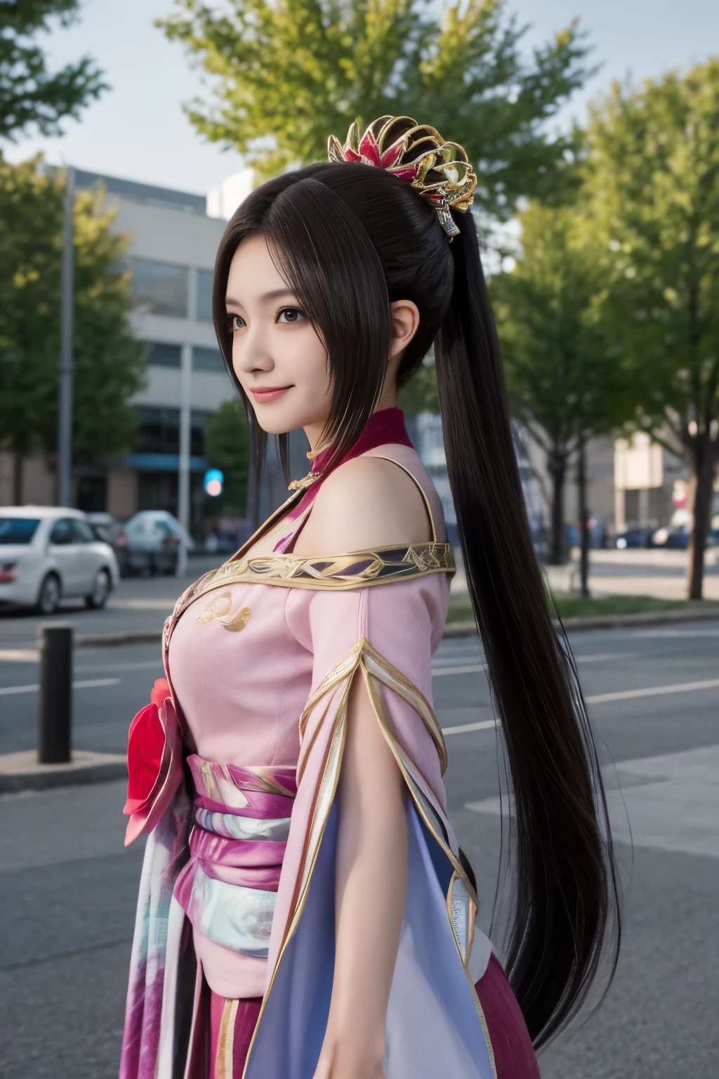 Diaochan from Sangoku Musou 8,超reality的な,hair ornaments,Perfect Diaochan costume,twin tail star piece、1 cute girl、17 year old high school student、smile,fine eyes、puffy eyes、bright outdoors,Bright downtown、highest quality, 超High resolution, (reality: 1.4), movie lighting、Japanese、asian beauty、Korean、super beautiful、beautiful skin、body facing forward、whole body,Upper body、(超reality的な)、(High resolution)、(8k)、(very detailed)、(美しくfine eyes)、(Super detailed)、 (wall-)、detailed face、bright lighting、professional lighting、looking at the viewer、look straight ahead、slanted bangs、brown hair、Nogizaka Idol、