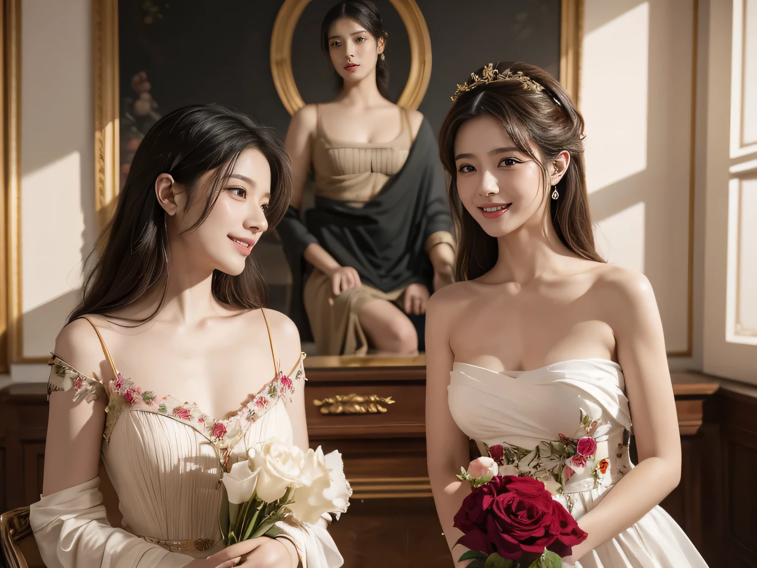 Jacques-Louis David painting style,Arguments of two female Philosophe,ath、astronomical machine、astronaut、roses in vase、fruits、Cute trinkets、smile、ancient greek costume、Clothes that stretch your shoulders、A big smile、beautiful bare skin、A detailed representation of the seducing woman throughout her body.