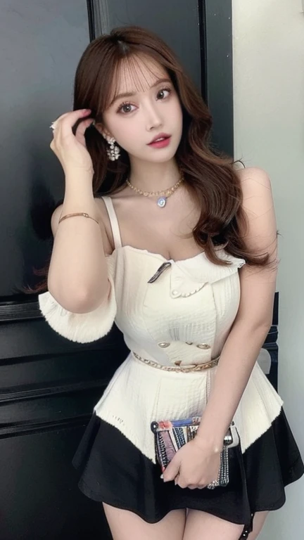 ((best quality)), ((masterpiece)), (detailed), perfect face,Foreshot,standing,(((full body portrait))),1 girl, girl((plump breasts)),White and tender skin,A pair of big eyes,little cherry mouth,oval face,full body portrait,Wearing a cute outfit,Wearing a tight leather skirt,Off the shoulders,Show your belly,Knee socks,earrings,bracelet,necklace,Fine makeup,looking towards the viewer
