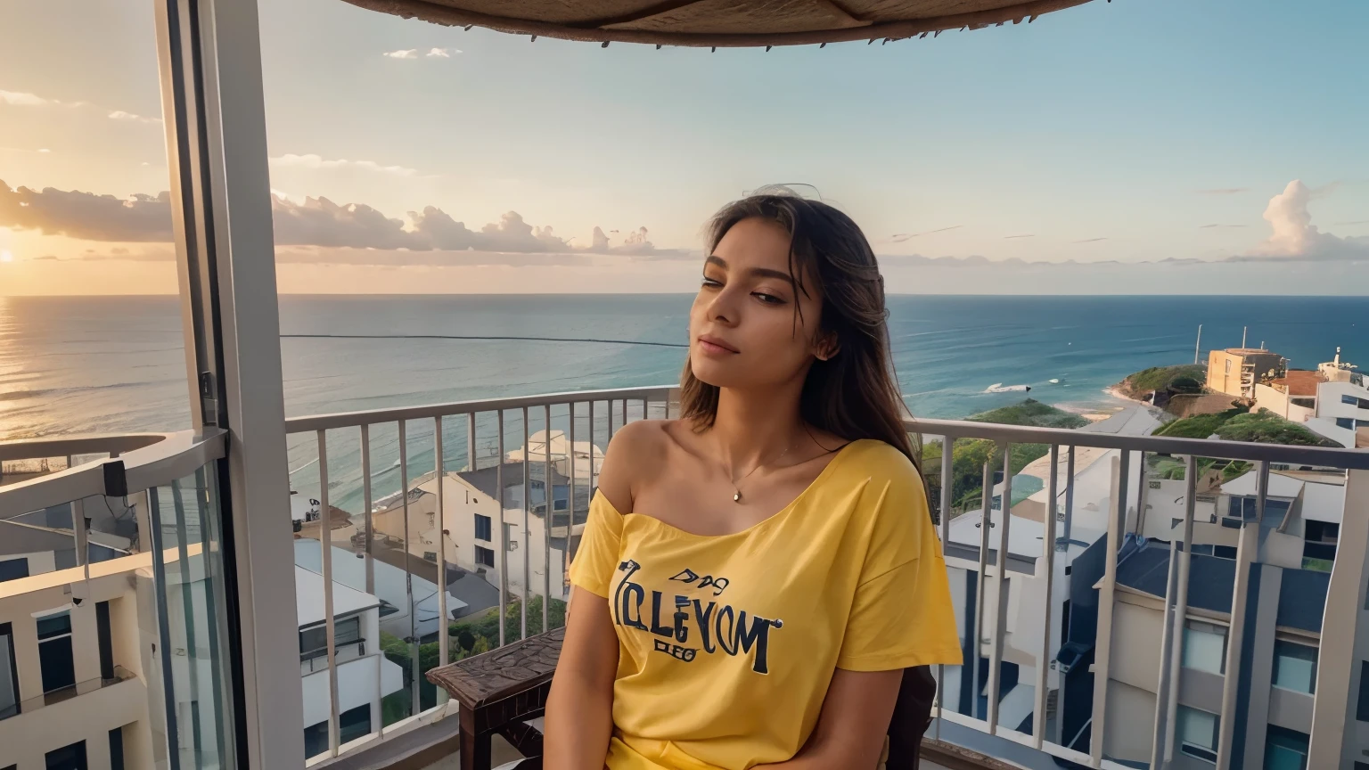 Por favor, create an image of a beautiful woman sitting on a bed next to a balcony overlooking the sea. She is wearing a yellow t-shirt with a small tear on the shoulder.. She is facing the balcony, com as costas voltadas para quem desenha. The woman is in a relaxed and confident position, com o cabelo solto caindo suavemente sobre os ombros. The balcony has a decorative iron railing and the sea in the background is calm., with a sunset coloring the sky.”
