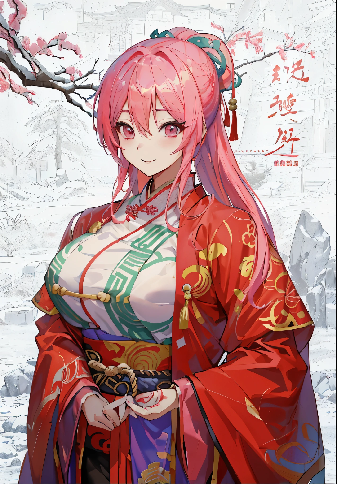 Anime character with pink hair and red chinese hanfu, Popular topics on artstation pixiv, zero art, Produced by Anime Painter Studio, guweiz style artwork, Beautiful anime portrait, Detailed anime character art, Clean and detailed anime art,Three Kingdoms style,Three Kingdoms Unparalleled Style,Smile,Dressed in ancient Chinese costumes,ponytail,Behind the ancient town in the snowy mountains,Sonison,Open-chest outfit,Topless top,open chest,,big奶,Good shape,Bare breasts,超级big胸部,whore style,big,woman